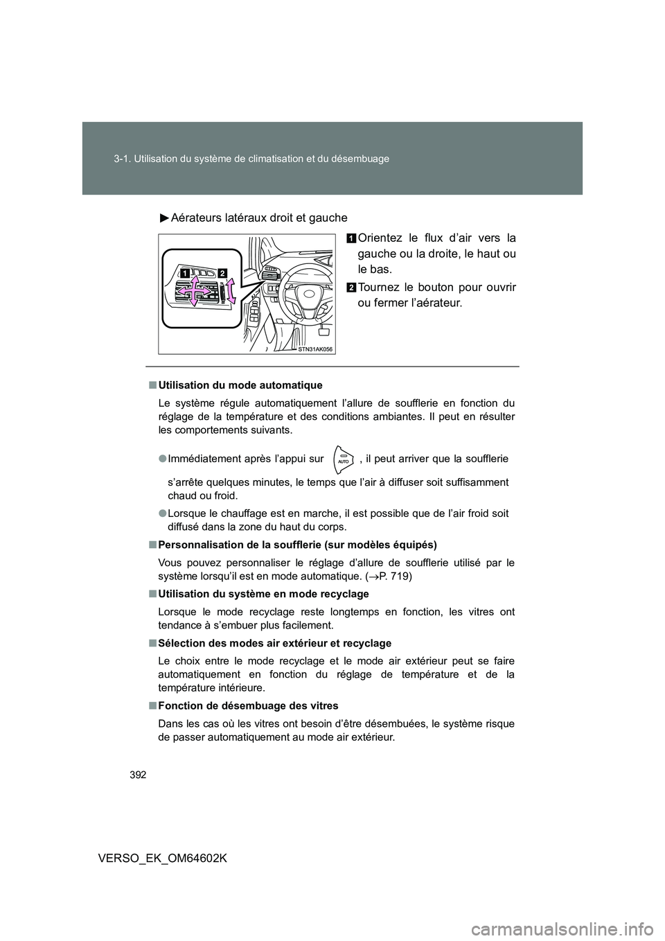TOYOTA VERSO 2017 Manuel du propriétaire (in French) 392
3-1. Utilisation du système de climatisation et du désembuage
VERSO_EK_OM64602K
Aérateurs latéraux droit et gauche
Orientez le flux d’air vers la
gauche ou la droite, le haut ou
le bas. TOYOTA VERSO 2017 Manuel du propriétaire (in French) 392
3-1. Utilisation du système de climatisation et du désembuage
VERSO_EK_OM64602K
Aérateurs latéraux droit et gauche
Orientez le flux d’air vers la
gauche ou la droite, le haut ou
le bas.
