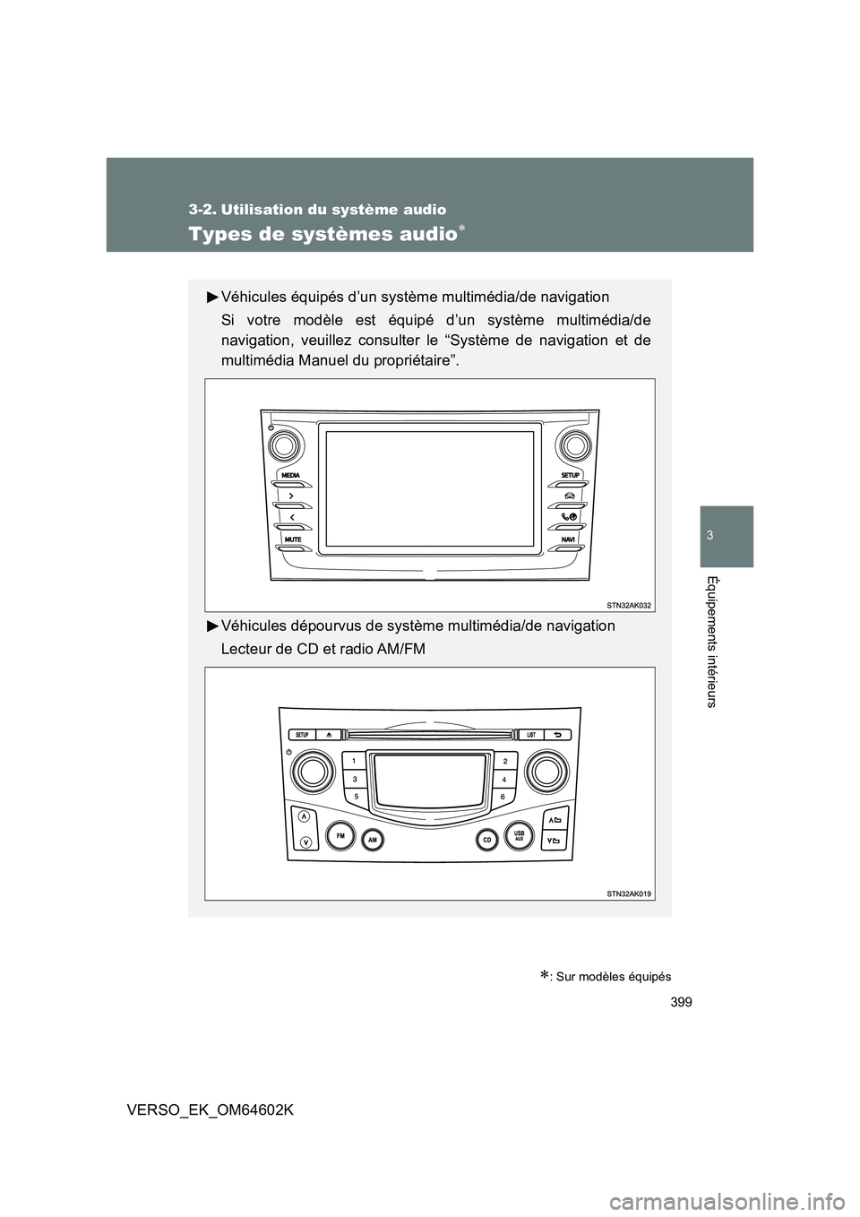 TOYOTA VERSO 2017 Manuel du propriétaire (in French) 399
3
Équipements intérieurs
VERSO_EK_OM64602K
3-2. Utilisation du système audio
Types de systèmes audio
: Sur modèles équipés
Véhicules équipés d’un système multimédia/de navigati TOYOTA VERSO 2017 Manuel du propriétaire (in French) 399
3
Équipements intérieurs
VERSO_EK_OM64602K
3-2. Utilisation du système audio
Types de systèmes audio
: Sur modèles équipés
Véhicules équipés d’un système multimédia/de navigati