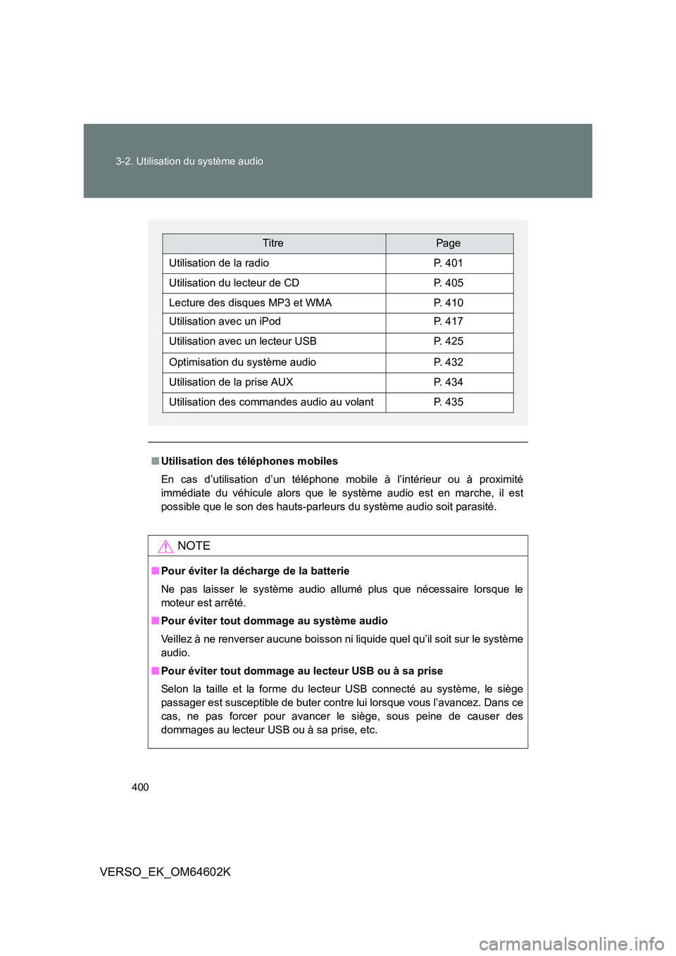 TOYOTA VERSO 2017 Manuel du propriétaire (in French) 400
3-2. Utilisation du système audio
VERSO_EK_OM64602K
■ Utilisation des téléphones mobiles
En cas d’utilisation d’un téléphone mobile à l’intérieur ou à proximité
immédiate du v TOYOTA VERSO 2017 Manuel du propriétaire (in French) 400
3-2. Utilisation du système audio
VERSO_EK_OM64602K
■ Utilisation des téléphones mobiles
En cas d’utilisation d’un téléphone mobile à l’intérieur ou à proximité
immédiate du v