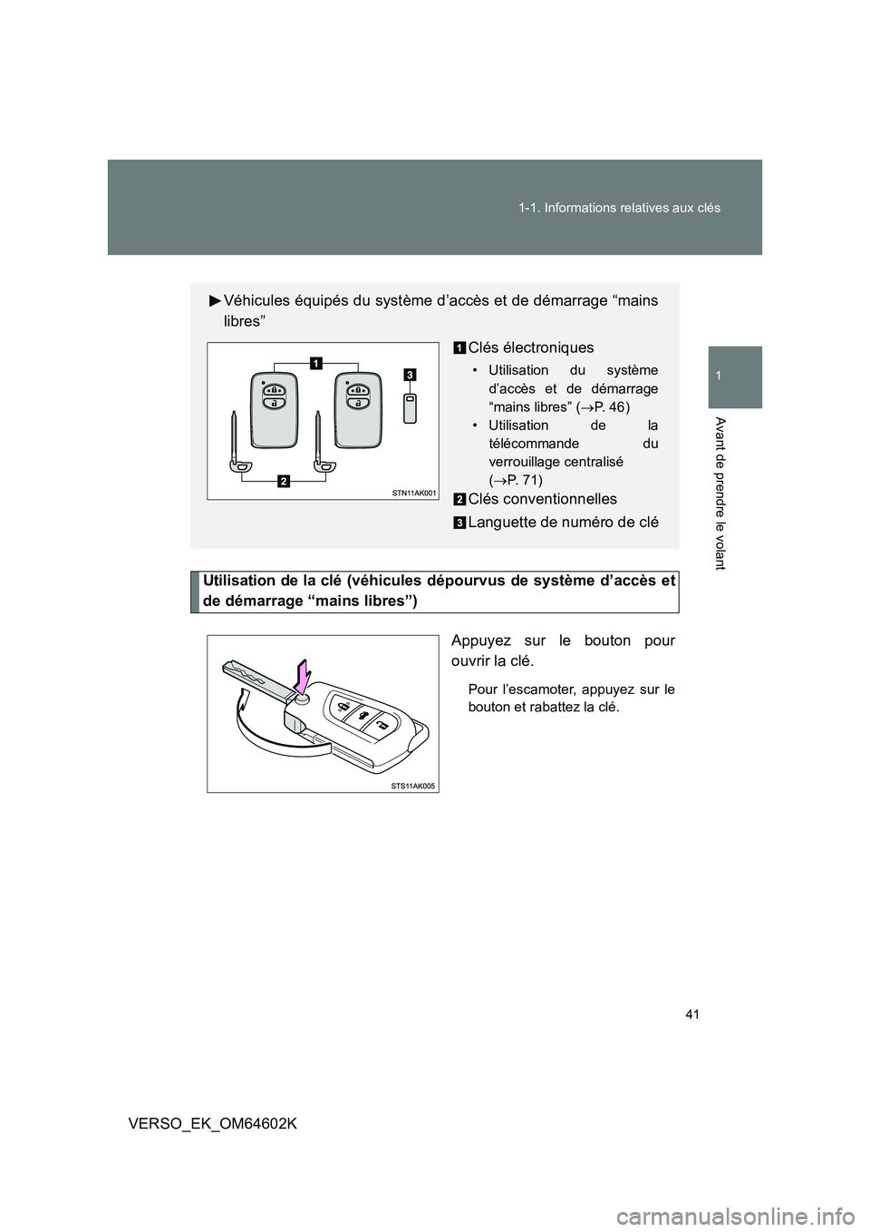 TOYOTA VERSO 2017 Manuel du propriétaire (in French) 41
1-1. Informations relatives aux clés
1
Avant de prendre le volant
VERSO_EK_OM64602K
Utilisation de la clé (véhicules dépourvus de système d’accès et
de démarrage “mains libres”)
App TOYOTA VERSO 2017 Manuel du propriétaire (in French) 41
1-1. Informations relatives aux clés
1
Avant de prendre le volant
VERSO_EK_OM64602K
Utilisation de la clé (véhicules dépourvus de système d’accès et
de démarrage “mains libres”)
App