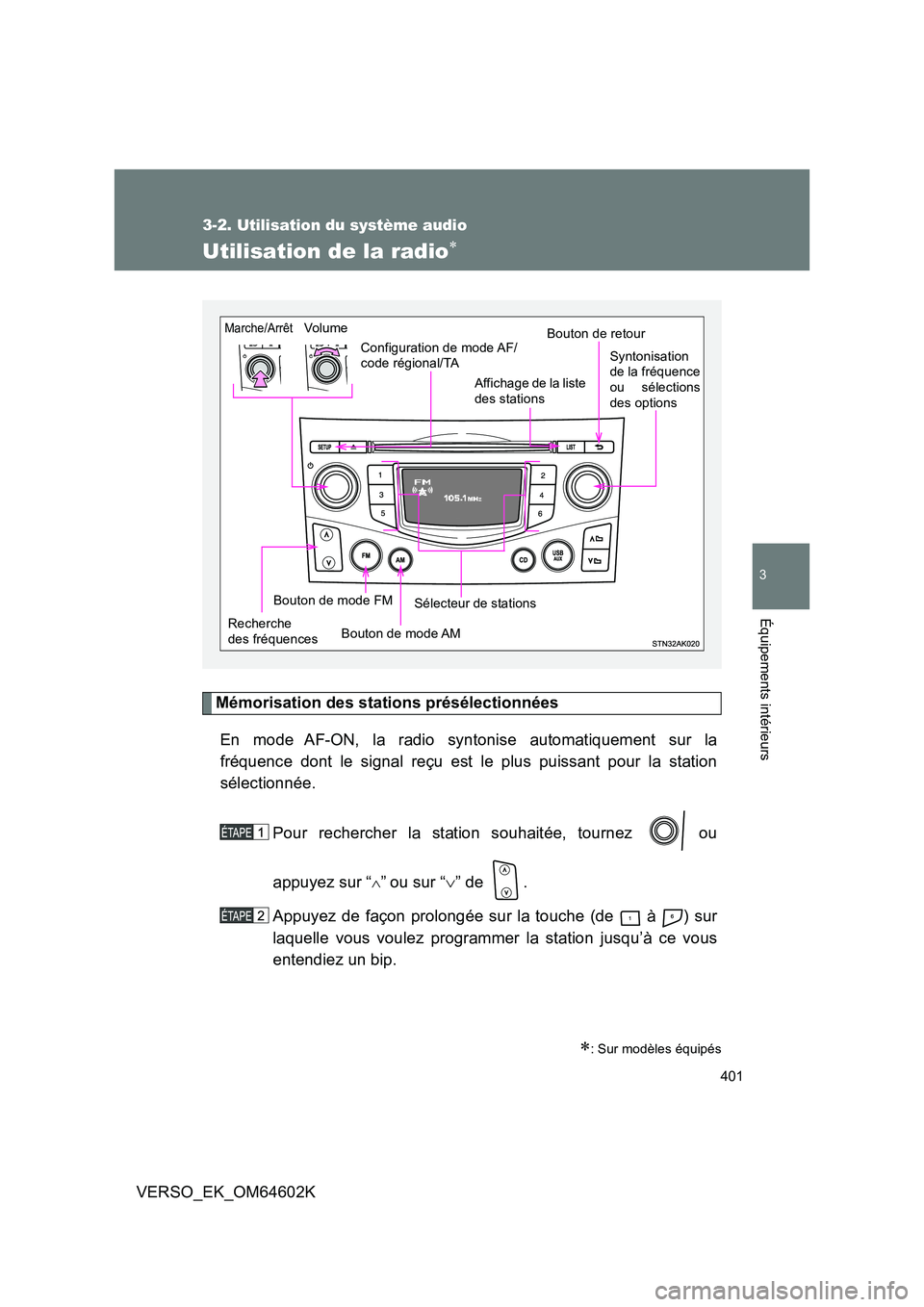 TOYOTA VERSO 2017 Manuel du propriétaire (in French) 401
3-2. Utilisation du système audio
3
Équipements intérieurs
VERSO_EK_OM64602K
Utilisation de la radio
Mémorisation des stations présélectionnées
En mode AF-ON, la radio syntonise automat TOYOTA VERSO 2017 Manuel du propriétaire (in French) 401
3-2. Utilisation du système audio
3
Équipements intérieurs
VERSO_EK_OM64602K
Utilisation de la radio
Mémorisation des stations présélectionnées
En mode AF-ON, la radio syntonise automat