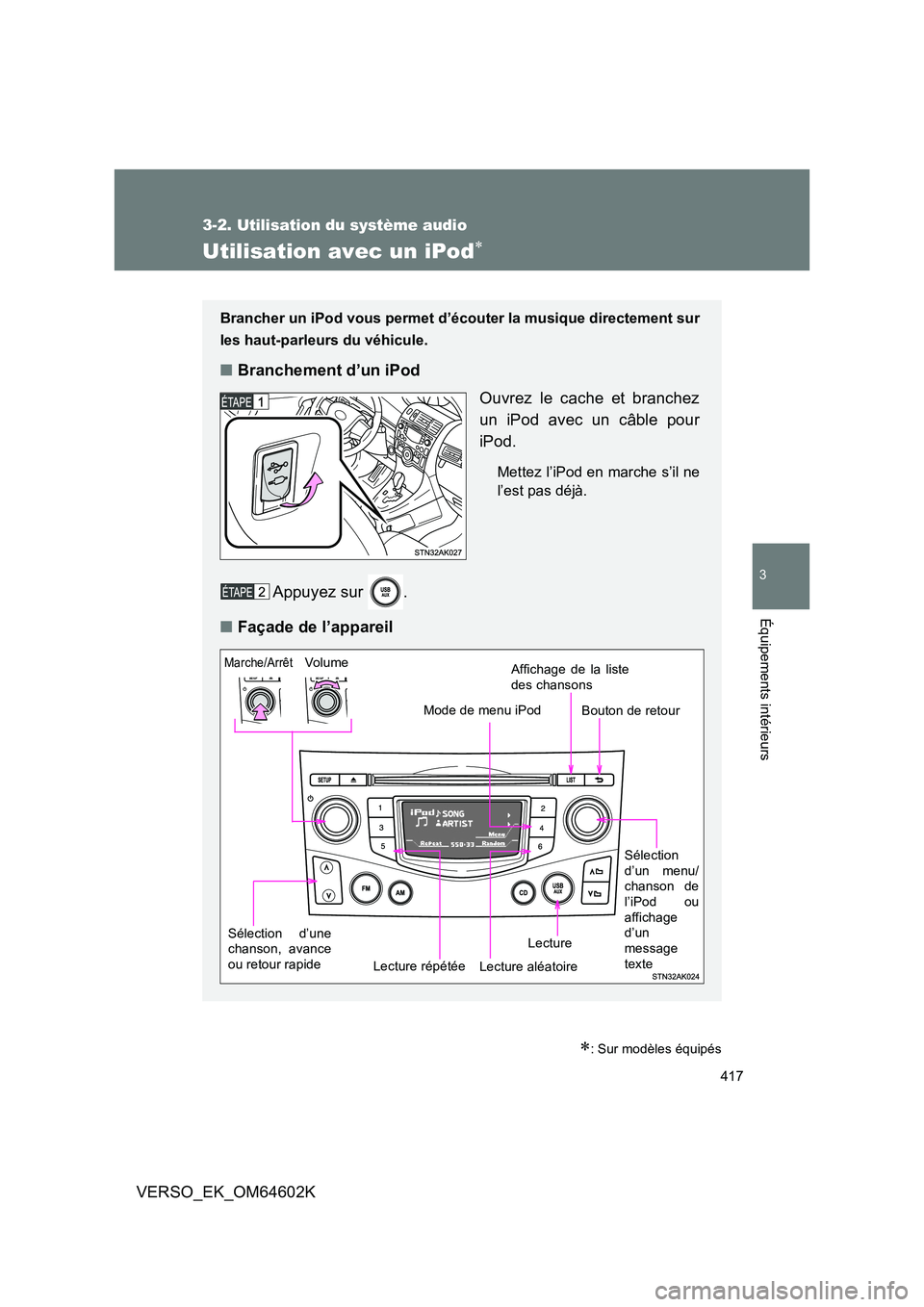 TOYOTA VERSO 2017 Manuel du propriétaire (in French) 417
3-2. Utilisation du système audio
3
Équipements intérieurs
VERSO_EK_OM64602K
Utilisation avec un iPod
: Sur modèles équipés
Brancher un iPod vous permet d’écouter la musique directe TOYOTA VERSO 2017 Manuel du propriétaire (in French) 417
3-2. Utilisation du système audio
3
Équipements intérieurs
VERSO_EK_OM64602K
Utilisation avec un iPod
: Sur modèles équipés
Brancher un iPod vous permet d’écouter la musique directe