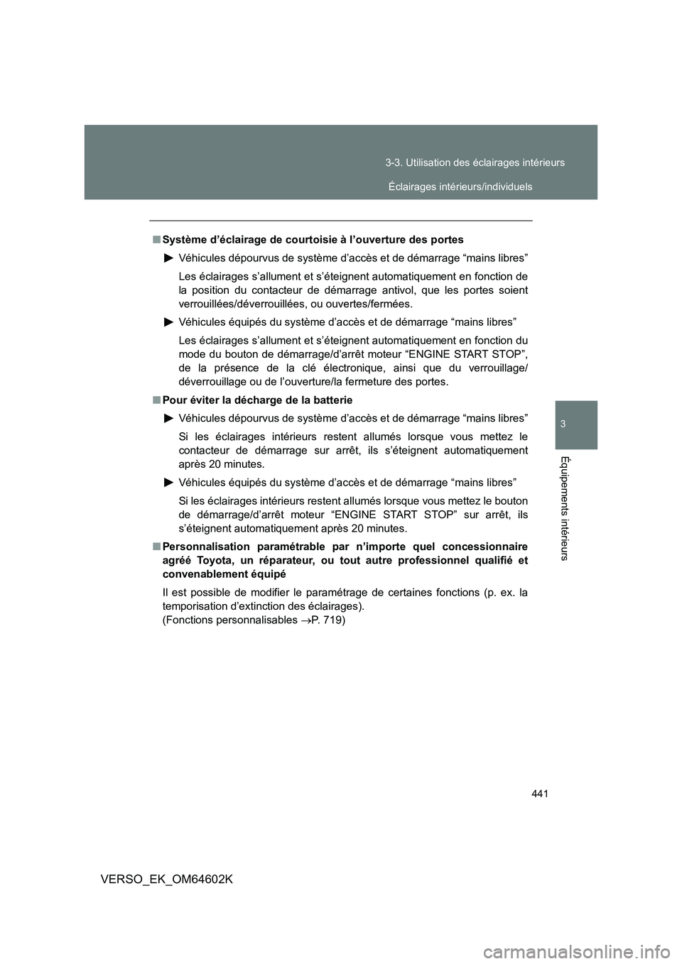 TOYOTA VERSO 2017 Manuel du propriétaire (in French) 441
3-3. Utilisation des éclairages intérieurs
3
Équipements intérieurs
VERSO_EK_OM64602K
■ Système d’éclairage de courtoisie à l’ouverture des portes
Véhicules dépourvus de système TOYOTA VERSO 2017 Manuel du propriétaire (in French) 441
3-3. Utilisation des éclairages intérieurs
3
Équipements intérieurs
VERSO_EK_OM64602K
■ Système d’éclairage de courtoisie à l’ouverture des portes
Véhicules dépourvus de système
