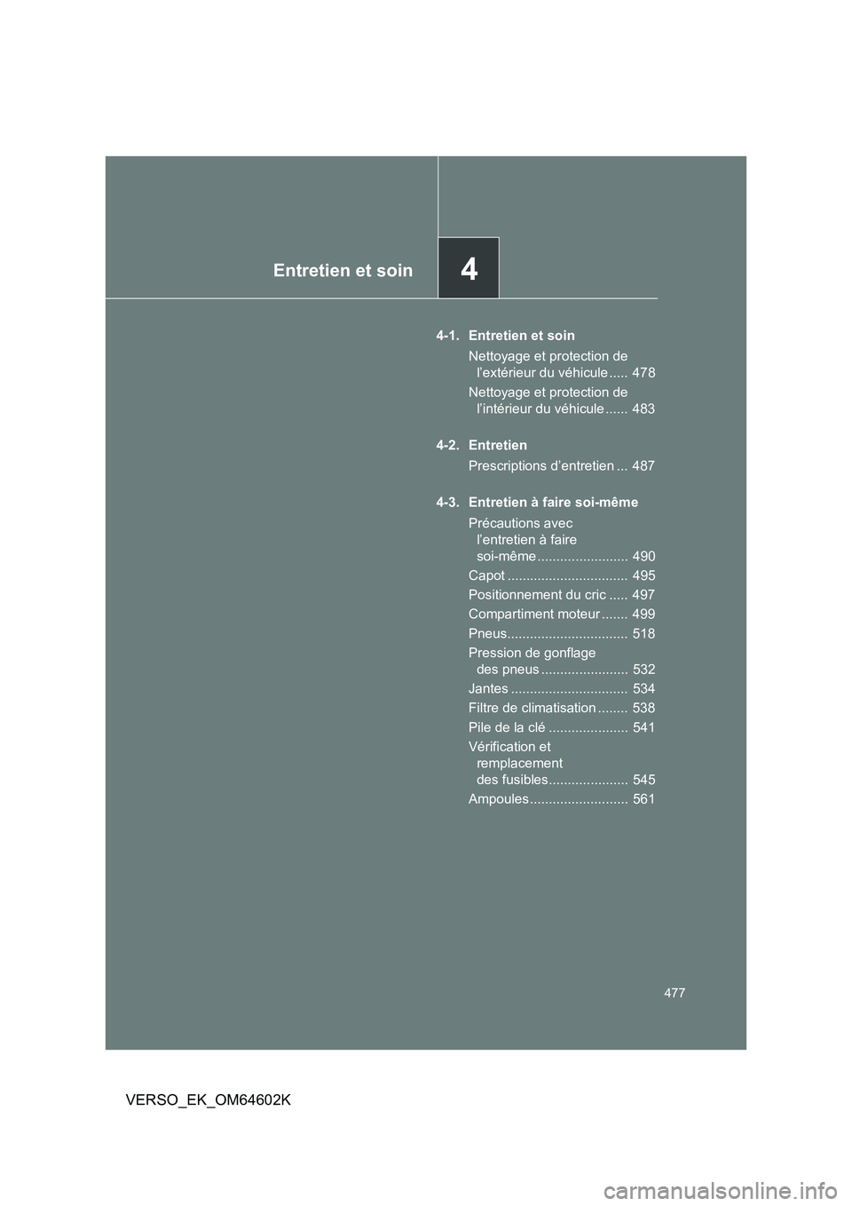 TOYOTA VERSO 2017 Manuel du propriétaire (in French) 4Entretien et soin
477
VERSO_EK_OM64602K
4-1. Entretien et soin
Nettoyage et protection de
l’extérieur du véhicule ..... 478
Nettoyage et protection de
l’intérieur du véhicule ...... 4 TOYOTA VERSO 2017 Manuel du propriétaire (in French) 4Entretien et soin
477
VERSO_EK_OM64602K
4-1. Entretien et soin
Nettoyage et protection de
l’extérieur du véhicule ..... 478
Nettoyage et protection de
l’intérieur du véhicule ...... 4