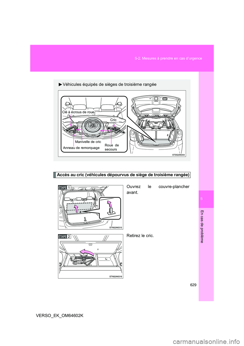 TOYOTA VERSO 2017 Manuel du propriétaire (in French) 5
629
5-2. Mesures à prendre en cas d’urgence
En cas de problème
VERSO_EK_OM64602K
Accès au cric (véhicules dépourvus de siège de troisième rangée)
Ouvrez le couvre-plancher
avant.
Retire TOYOTA VERSO 2017 Manuel du propriétaire (in French) 5
629
5-2. Mesures à prendre en cas d’urgence
En cas de problème
VERSO_EK_OM64602K
Accès au cric (véhicules dépourvus de siège de troisième rangée)
Ouvrez le couvre-plancher
avant.
Retire