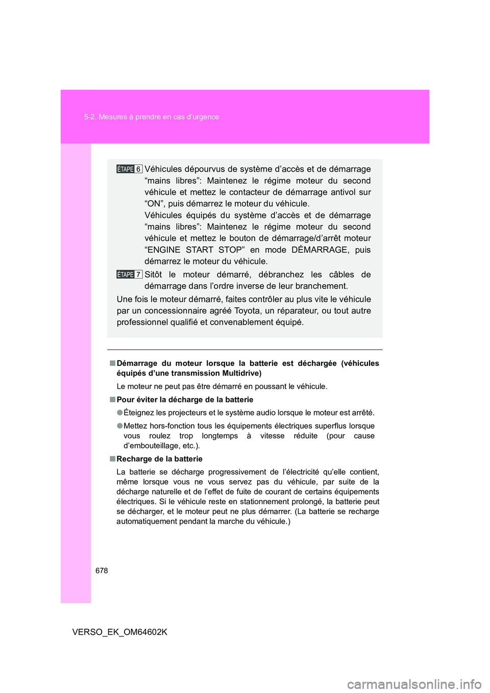 TOYOTA VERSO 2017  Manuel du propriétaire (in French) 678 
5-2. Mesures à prendre en cas d’urgence
VERSO_EK_OM64602K
■ Démarrage du moteur lorsque la batterie est déchargée (véhicules 
équipés d’une transmission Multidrive) 
Le moteur ne peu