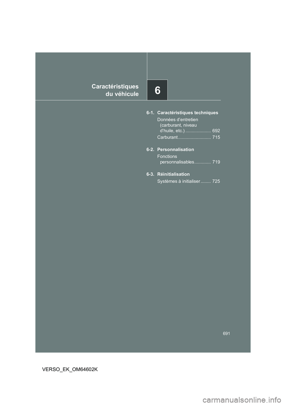 TOYOTA VERSO 2017  Manuel du propriétaire (in French) 6
Caractéristiques 
du véhicule
691
VERSO_EK_OM64602K
6-1. Caractéristiques techniques 
Données d’entretien  
(carburant, niveau 
d’huile, etc.) ....................  692 
Carburant ..........