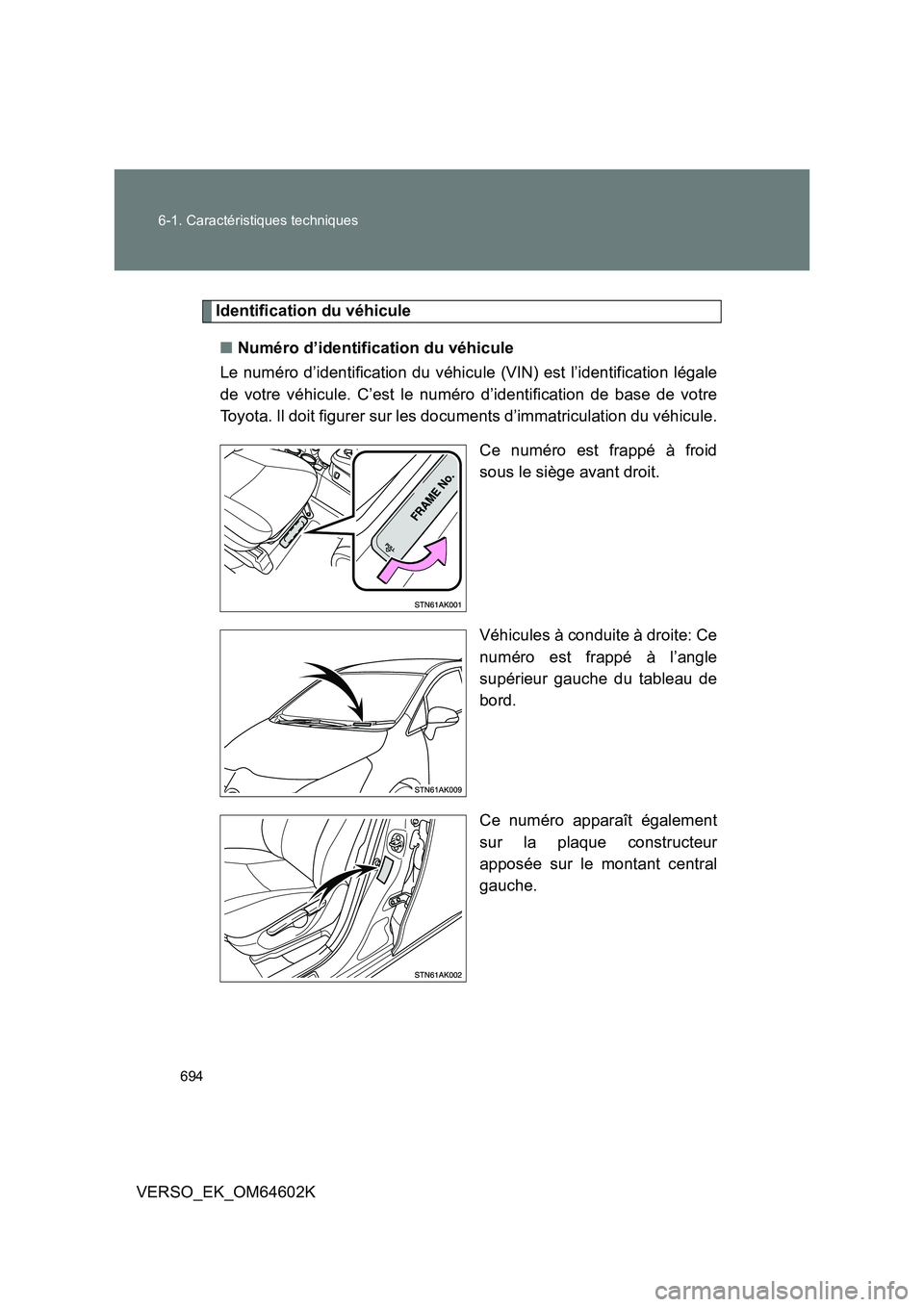 TOYOTA VERSO 2017  Manuel du propriétaire (in French) 694 
6-1. Caractéristiques techniques
VERSO_EK_OM64602K
Identification du véhicule 
■ Numéro d’identification du véhicule 
Le numéro d’identification du véhicule (VIN) est l’identificati