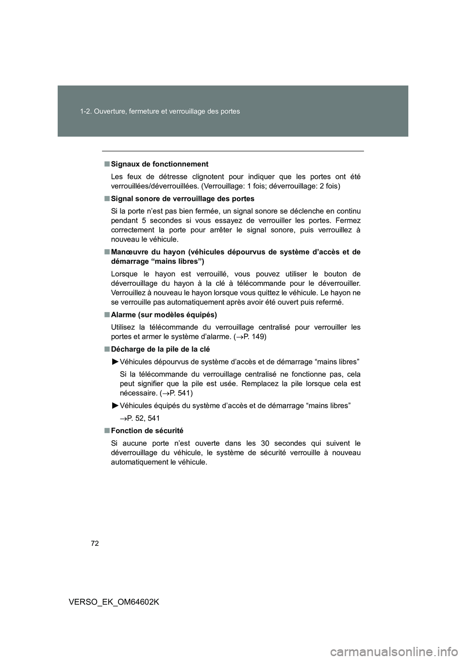 TOYOTA VERSO 2017  Manuel du propriétaire (in French) 72 
1-2. Ouverture, fermeture et verrouillage des portes
VERSO_EK_OM64602K
■ Signaux de fonctionnement 
Les feux de détresse clignotent pour indiquer que les portes ont été 
verrouillées/déverr