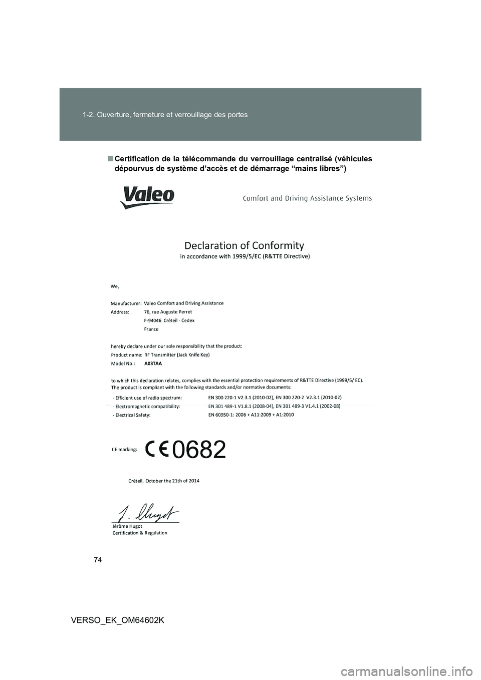 TOYOTA VERSO 2017  Manuel du propriétaire (in French) 74 
1-2. Ouverture, fermeture et verrouillage des portes
VERSO_EK_OM64602K
■ Certification de la télécommande du verrouillage centralisé (véhicules 
dépourvus de système d’accès et de déma