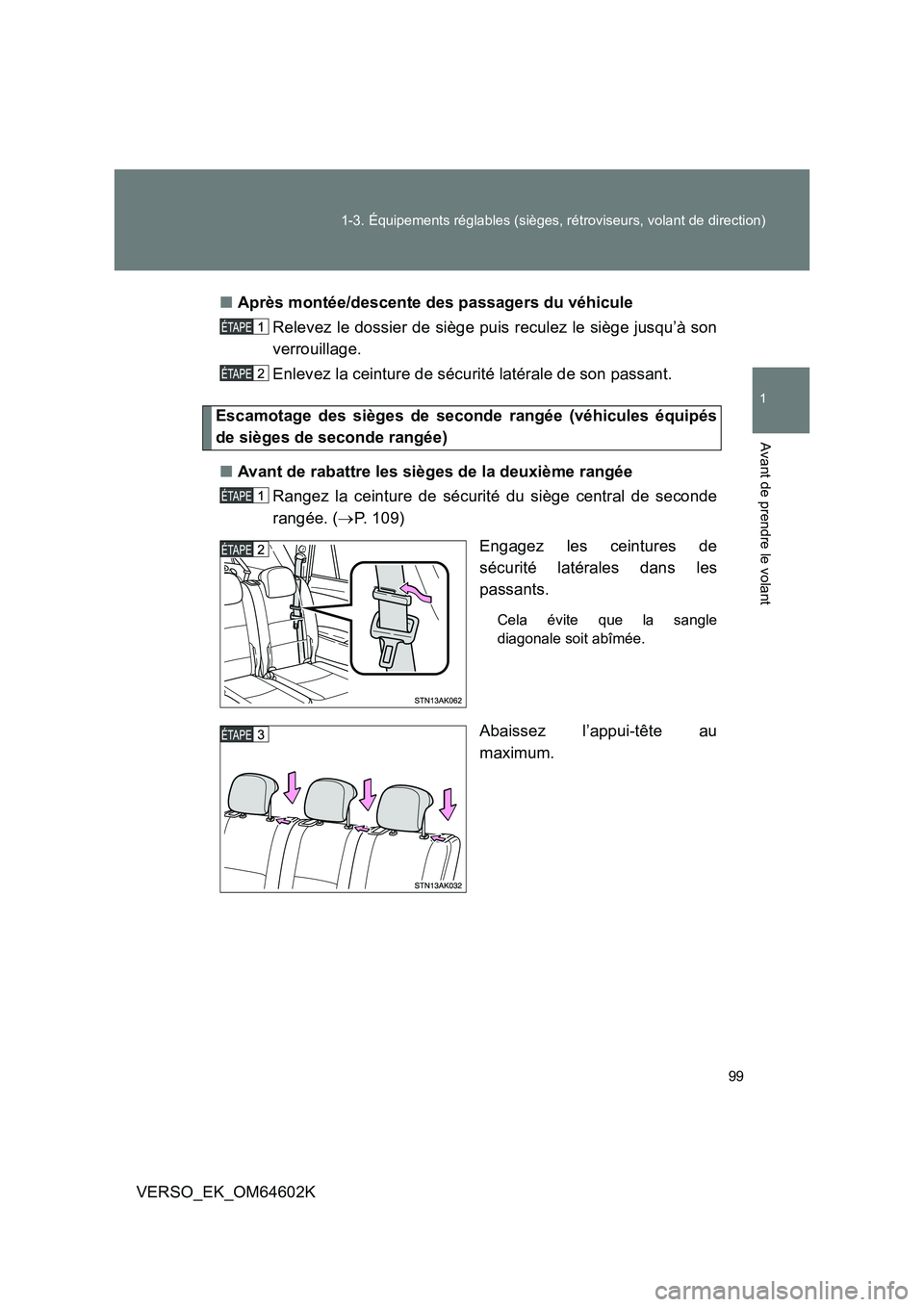 TOYOTA VERSO 2017 Manuel du propriétaire (in French) 99
1-3. Équipements réglables (sièges, rétroviseurs, volant de direction)
1
Avant de prendre le volant
VERSO_EK_OM64602K
■ Après montée/descente des passagers du véhicule
Relevez le dossie TOYOTA VERSO 2017 Manuel du propriétaire (in French) 99
1-3. Équipements réglables (sièges, rétroviseurs, volant de direction)
1
Avant de prendre le volant
VERSO_EK_OM64602K
■ Après montée/descente des passagers du véhicule
Relevez le dossie