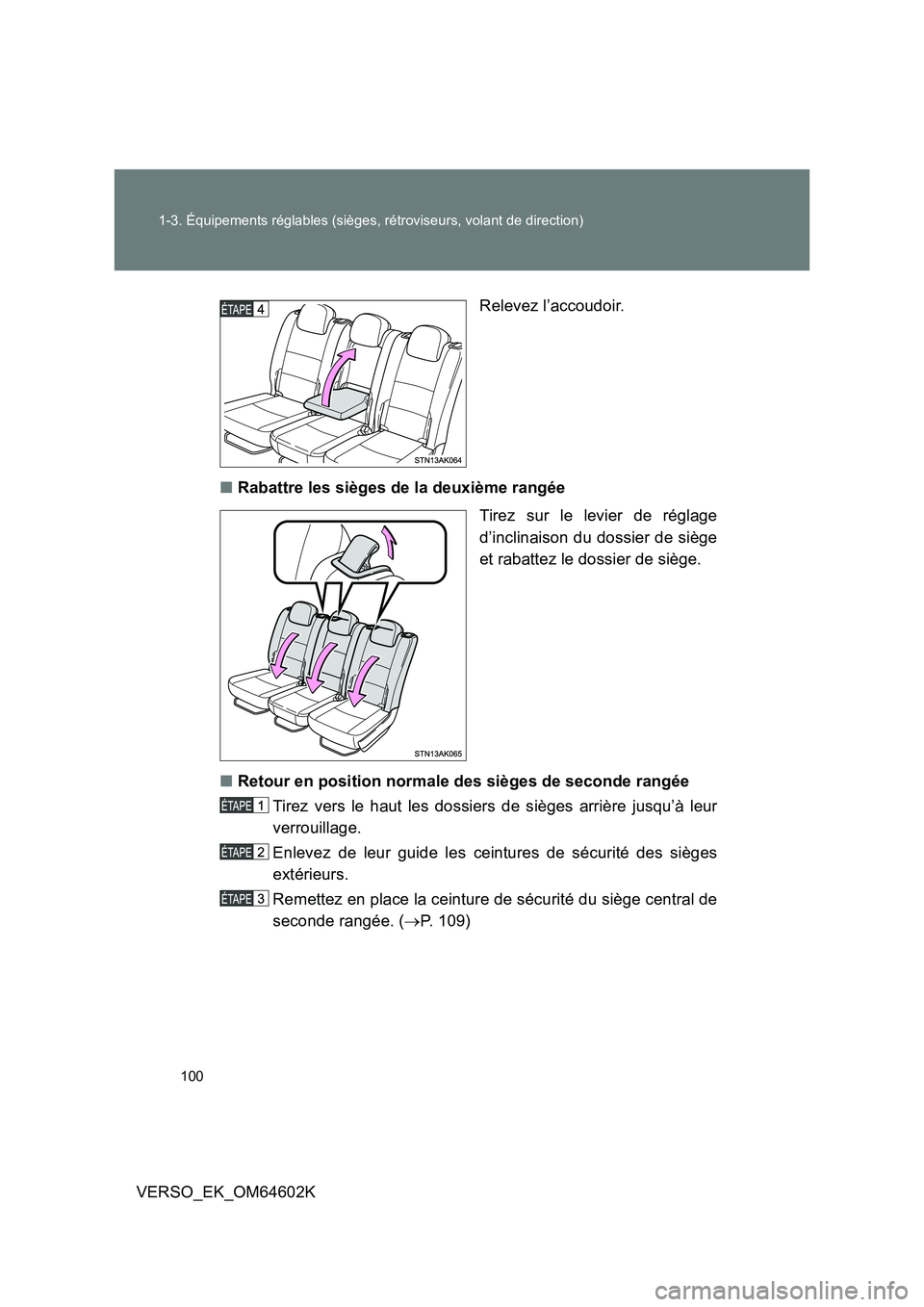 TOYOTA VERSO 2017 Manuel du propriétaire (in French) 100
1-3. Équipements réglables (sièges, rétroviseurs, volant de direction)
VERSO_EK_OM64602K
Relevez l’accoudoir.
■ Rabattre les sièges de la deuxième rangée
Tirez sur le levier de rég TOYOTA VERSO 2017 Manuel du propriétaire (in French) 100
1-3. Équipements réglables (sièges, rétroviseurs, volant de direction)
VERSO_EK_OM64602K
Relevez l’accoudoir.
■ Rabattre les sièges de la deuxième rangée
Tirez sur le levier de rég