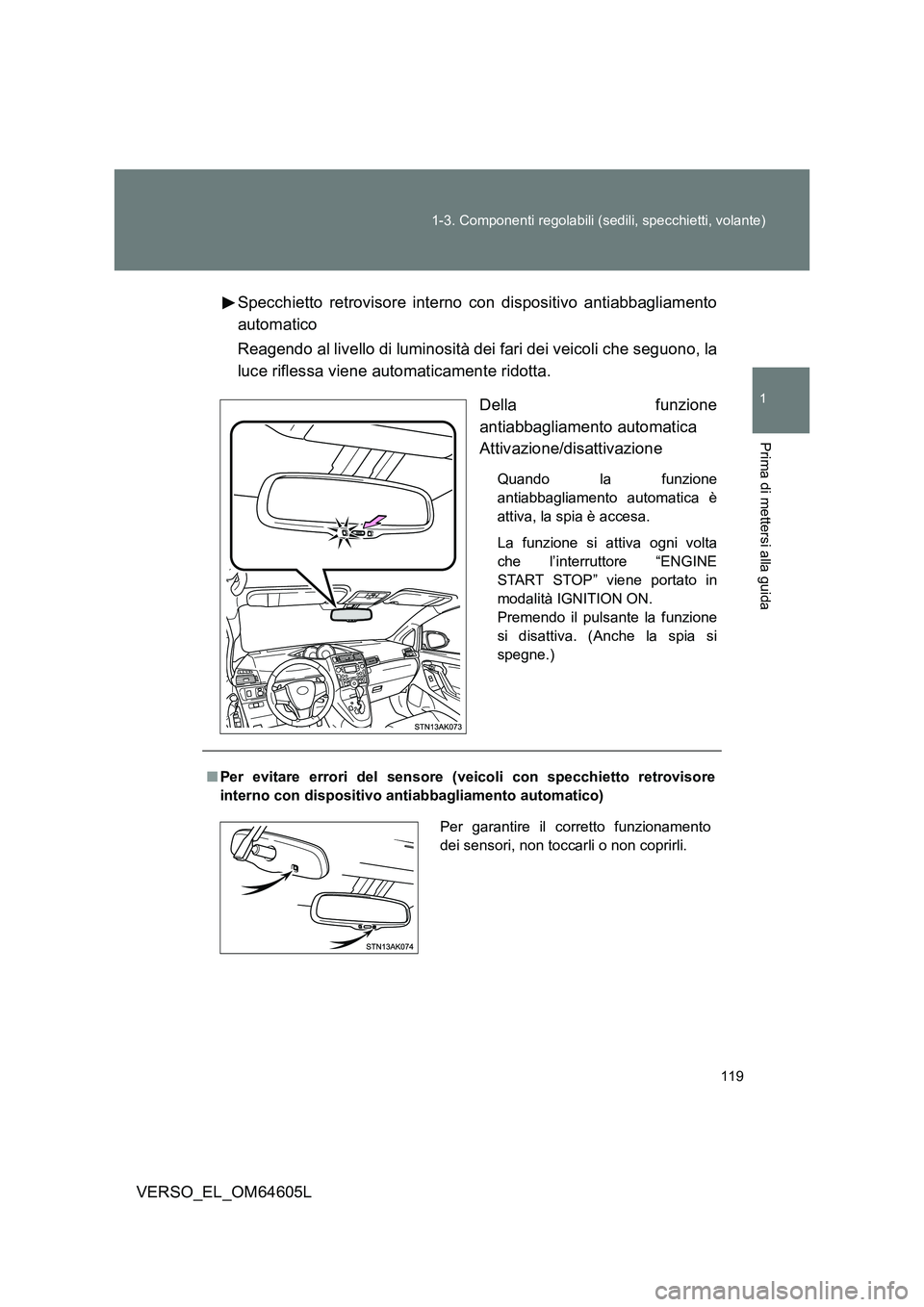 TOYOTA VERSO 2017  Manuale duso (in Italian) 119 
1-3. Componenti regolabili (sedili, specchietti, volante)
1
Prima di mettersi alla guida
VERSO_EL_OM64605L 
Specchietto retrovisore interno con dispositivo antiabbagliamento 
automatico 
Reagendo