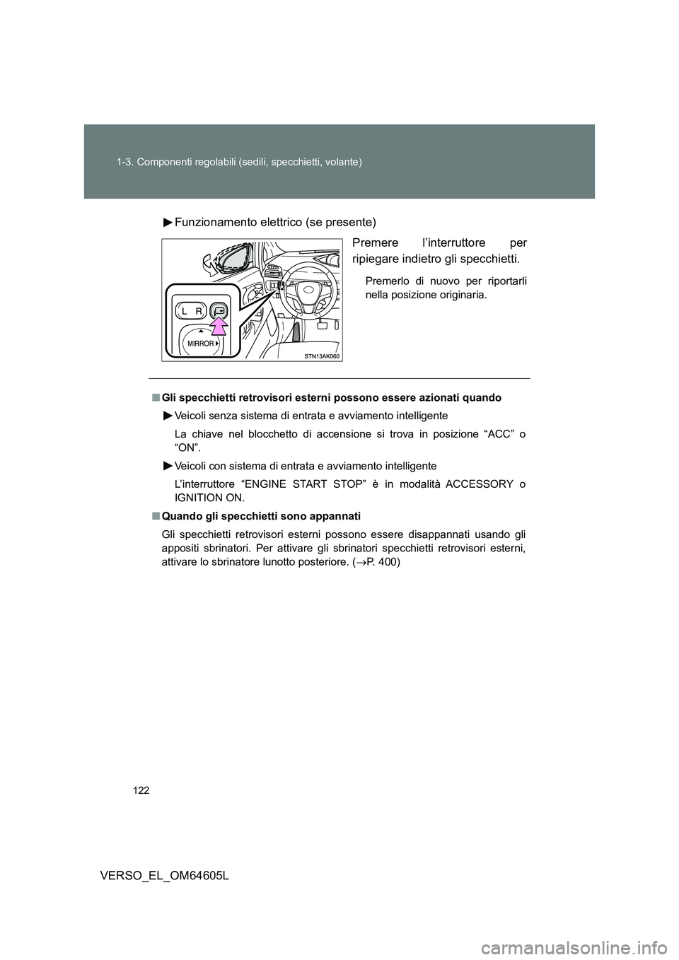 TOYOTA VERSO 2017  Manuale duso (in Italian) 122 
1-3. Componenti regolabili (sedili, specchietti, volante)
VERSO_EL_OM64605L 
Funzionamento elettrico (se presente) 
Premere l’interruttore per 
ripiegare indietro gli specchietti.
Premerlo di n