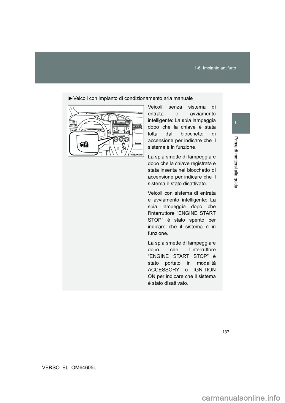 TOYOTA VERSO 2017 Manuale duso (in Italian) 137
1-6. Impianto antifurto
1
Prima di mettersi alla guida
VERSO_EL_OM64605L
Veicoli con impianto di condizionamento aria manuale
Veicoli senza sistema di
entrata e avviamento
intelligente: La spi TOYOTA VERSO 2017 Manuale duso (in Italian) 137
1-6. Impianto antifurto
1
Prima di mettersi alla guida
VERSO_EL_OM64605L
Veicoli con impianto di condizionamento aria manuale
Veicoli senza sistema di
entrata e avviamento
intelligente: La spi