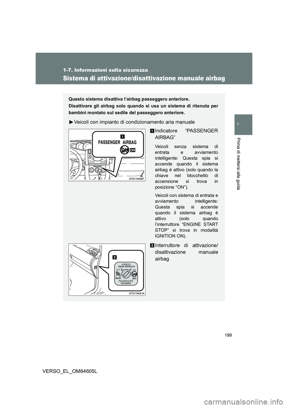 TOYOTA VERSO 2017  Manuale duso (in Italian) 199
1
1-7. Informazioni sulla sicurezza
Prima di mettersi alla guida
VERSO_EL_OM64605L
Sistema di attivazione/disattivazione manuale airbag
Questo sistema disattiva l’airbag passeggero anteriore. 
D