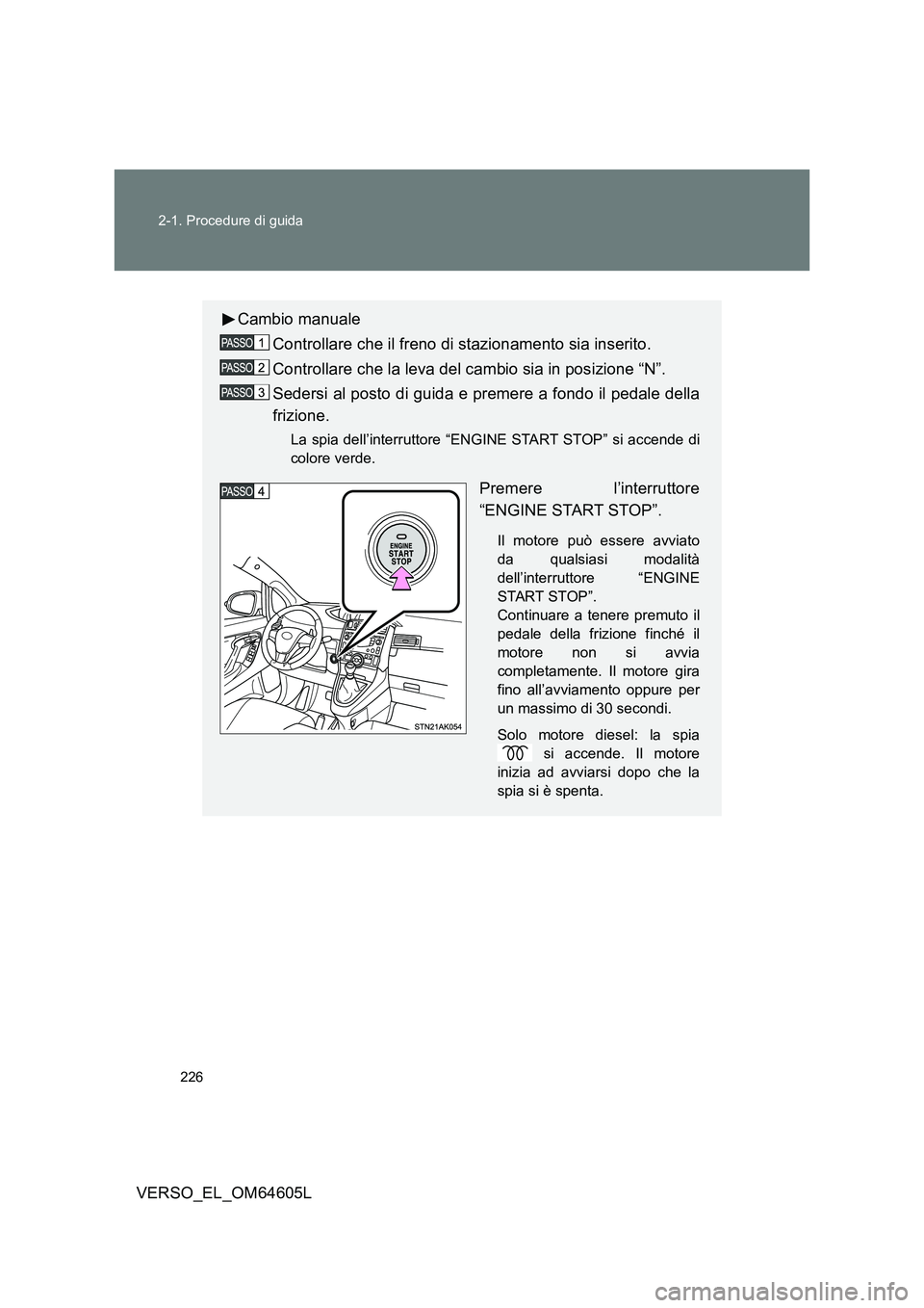 TOYOTA VERSO 2017 Manuale duso (in Italian) 226
2-1. Procedure di guida
VERSO_EL_OM64605L
Cambio manuale
Controllare che il freno di stazionamento sia inserito.
Controllare che la leva del cambio sia in posizione “N”.
Sedersi al posto d TOYOTA VERSO 2017 Manuale duso (in Italian) 226
2-1. Procedure di guida
VERSO_EL_OM64605L
Cambio manuale
Controllare che il freno di stazionamento sia inserito.
Controllare che la leva del cambio sia in posizione “N”.
Sedersi al posto d