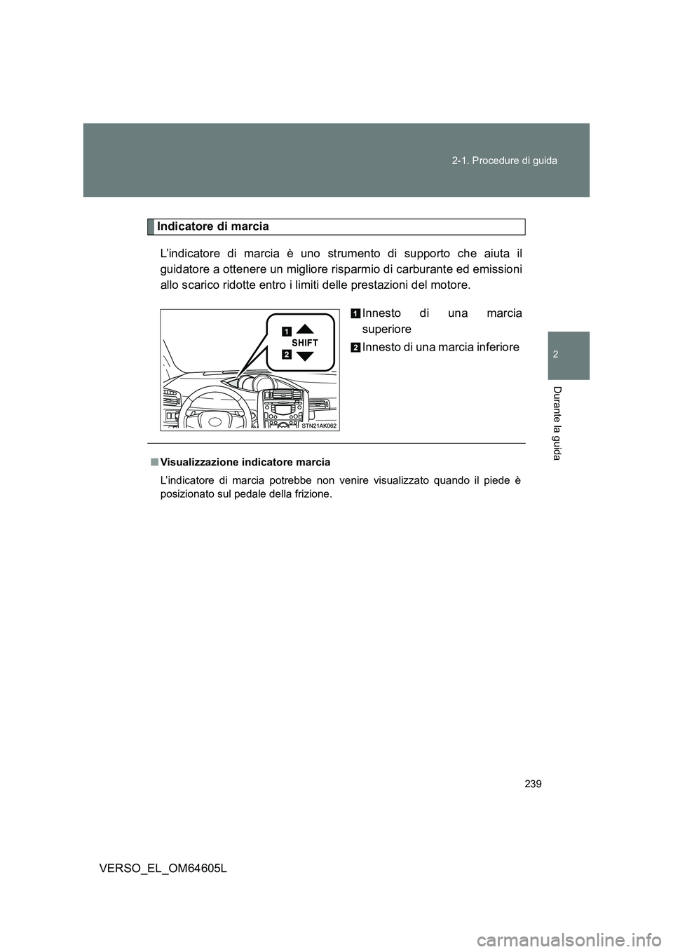 TOYOTA VERSO 2017 Manuale duso (in Italian) 239
2-1. Procedure di guida
2
Durante la guida
VERSO_EL_OM64605L
Indicatore di marcia
L’indicatore di marcia è uno strumento di supporto che aiuta il
guidatore a ottenere un migliore risparmio d TOYOTA VERSO 2017 Manuale duso (in Italian) 239
2-1. Procedure di guida
2
Durante la guida
VERSO_EL_OM64605L
Indicatore di marcia
L’indicatore di marcia è uno strumento di supporto che aiuta il
guidatore a ottenere un migliore risparmio d