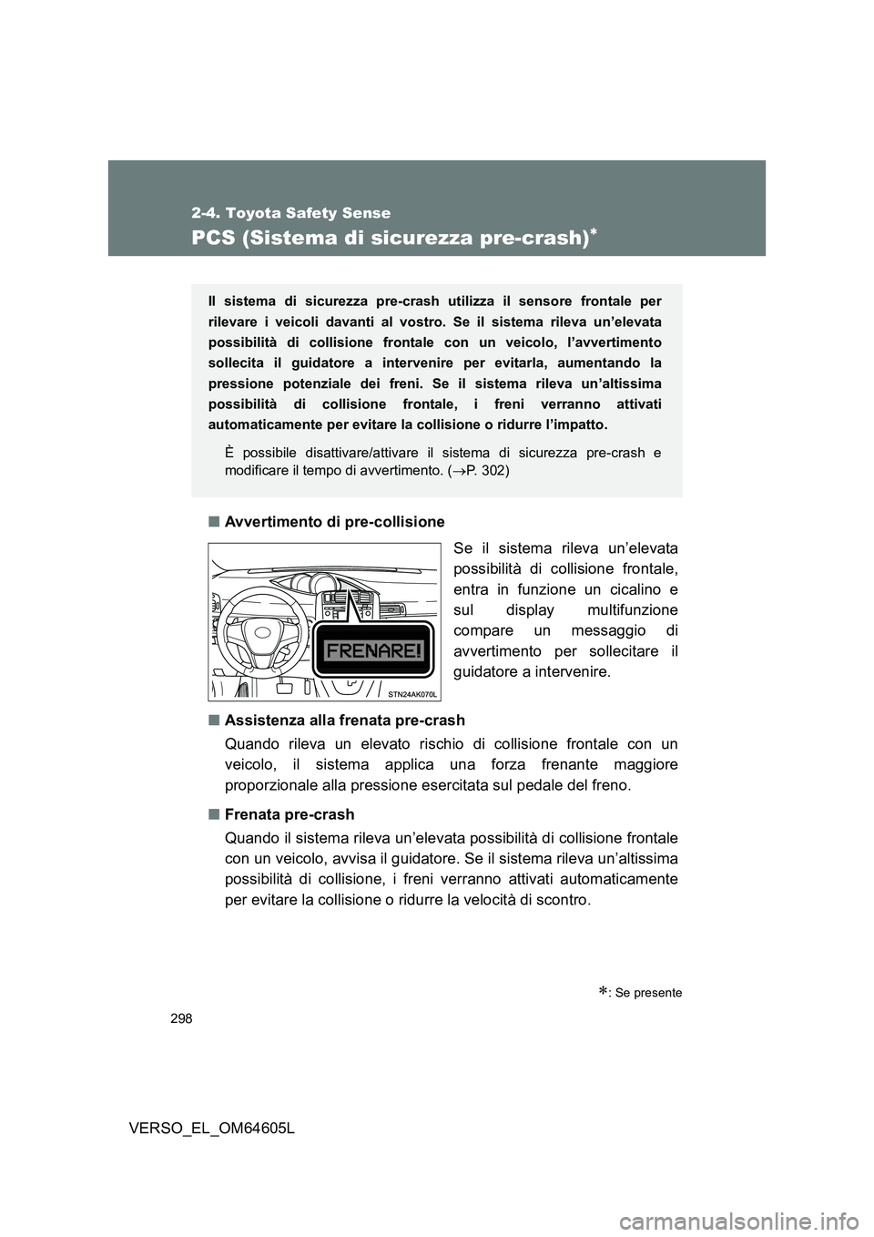TOYOTA VERSO 2017 Manuale duso (in Italian) 298
2-4. Toyota Safety Sense
VERSO_EL_OM64605L
PCS (Sistema di sicurezza pre-crash)
■Avvertimento di pre-collisione
Se il sistema rileva un’elevata
possibilità di collisione frontale,
entra TOYOTA VERSO 2017 Manuale duso (in Italian) 298
2-4. Toyota Safety Sense
VERSO_EL_OM64605L
PCS (Sistema di sicurezza pre-crash)
■Avvertimento di pre-collisione
Se il sistema rileva un’elevata
possibilità di collisione frontale,
entra