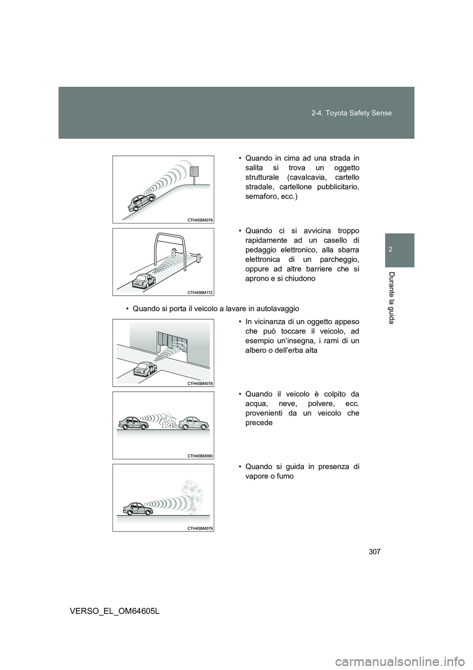 TOYOTA VERSO 2017  Manuale duso (in Italian) 307 
2-4. Toyota Safety Sense
2
Durante la guida
VERSO_EL_OM64605L
• Quando si porta il veicolo a lavare in autolavaggio 
• Quando in cima ad una strada in 
salita si trova un oggetto
strutturale 