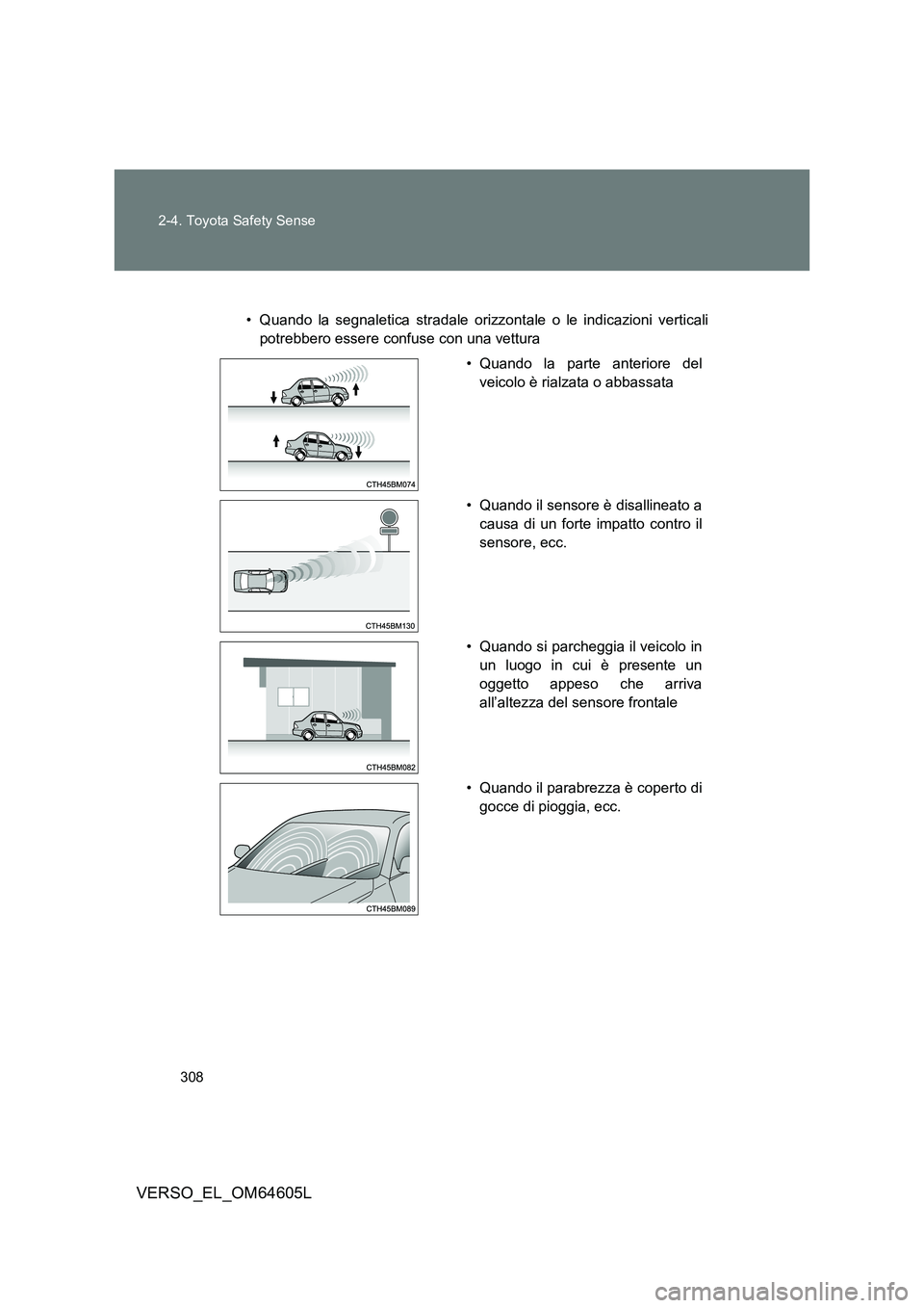 TOYOTA VERSO 2017  Manuale duso (in Italian) 308 
2-4. Toyota Safety Sense
VERSO_EL_OM64605L
• Quando la segnaletica stradale orizzontale o le indicazioni verticali 
potrebbero essere confuse con una vettura
• Quando la parte anteriore del 

