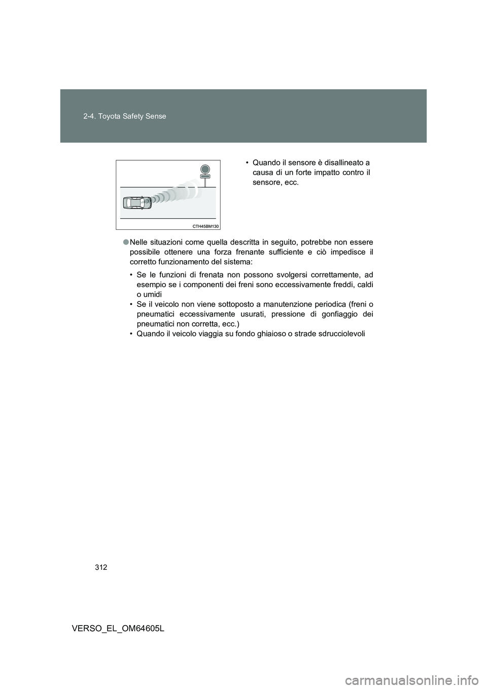 TOYOTA VERSO 2017 Manuale duso (in Italian) 312
2-4. Toyota Safety Sense
VERSO_EL_OM64605L
● Nelle situazioni come quella descritta in seguito, potrebbe non essere
possibile ottenere una forza frenante sufficiente e ciò impedisce il
corret TOYOTA VERSO 2017 Manuale duso (in Italian) 312
2-4. Toyota Safety Sense
VERSO_EL_OM64605L
● Nelle situazioni come quella descritta in seguito, potrebbe non essere
possibile ottenere una forza frenante sufficiente e ciò impedisce il
corret