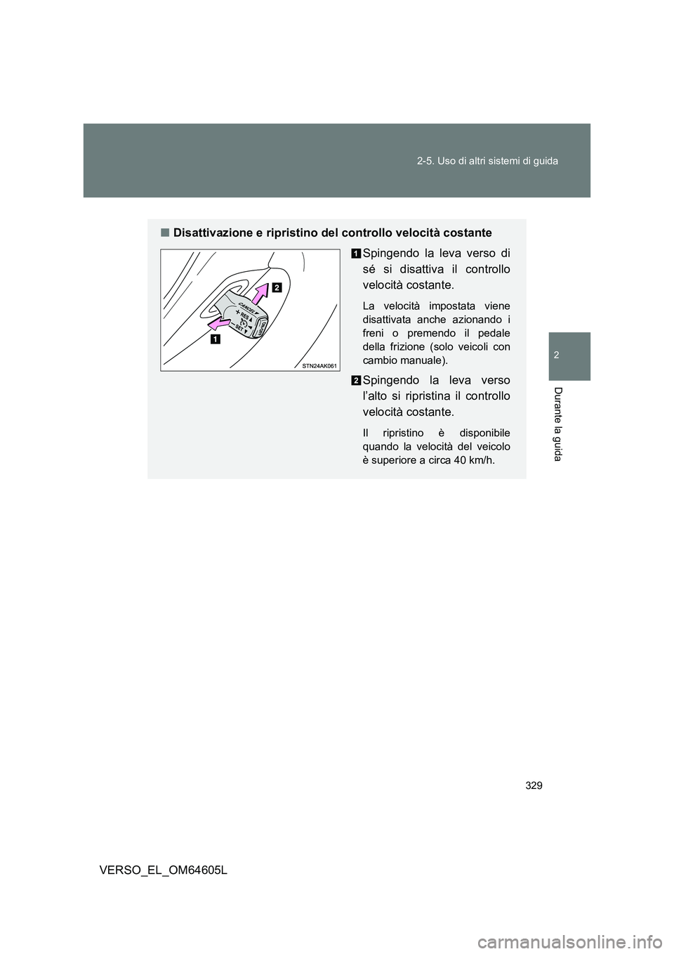 TOYOTA VERSO 2017 Manuale duso (in Italian) 329
2-5. Uso di altri sistemi di guida
2
Durante la guida
VERSO_EL_OM64605L
■ Disattivazione e ripristino del controllo velocità costante
Spingendo la leva verso di
sé si disattiva il controllo TOYOTA VERSO 2017 Manuale duso (in Italian) 329
2-5. Uso di altri sistemi di guida
2
Durante la guida
VERSO_EL_OM64605L
■ Disattivazione e ripristino del controllo velocità costante
Spingendo la leva verso di
sé si disattiva il controllo