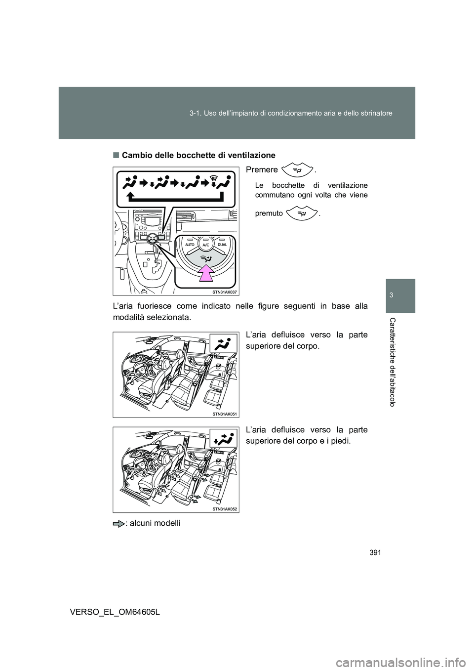 TOYOTA VERSO 2017 Manuale duso (in Italian) 391
3-1. Uso dell’impianto di condizionamento aria e dello sbrinatore
3
Caratteristiche dell’abitacolo
VERSO_EL_OM64605L
■ Cambio delle bocchette di ventilazione
Premere .
Le bocchette di ven TOYOTA VERSO 2017 Manuale duso (in Italian) 391
3-1. Uso dell’impianto di condizionamento aria e dello sbrinatore
3
Caratteristiche dell’abitacolo
VERSO_EL_OM64605L
■ Cambio delle bocchette di ventilazione
Premere .
Le bocchette di ven