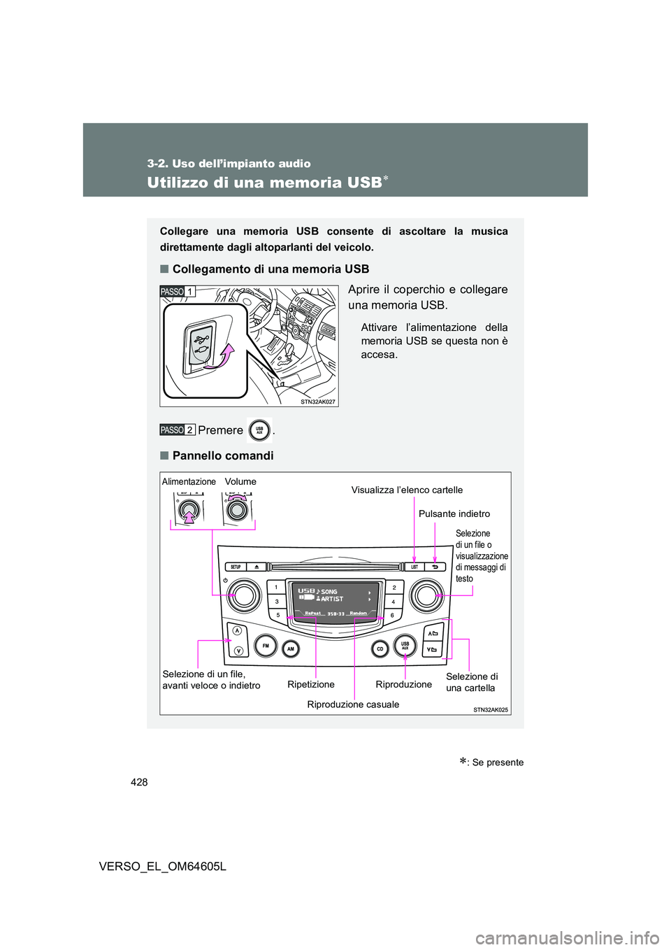 TOYOTA VERSO 2017 Manuale duso (in Italian) 428
3-2. Uso dell’impianto audio
VERSO_EL_OM64605L
Utilizzo di una memoria USB
: Se presente
Collegare una memoria USB consente di ascoltare la musica
direttamente dagli altoparlanti del veic TOYOTA VERSO 2017 Manuale duso (in Italian) 428
3-2. Uso dell’impianto audio
VERSO_EL_OM64605L
Utilizzo di una memoria USB
: Se presente
Collegare una memoria USB consente di ascoltare la musica
direttamente dagli altoparlanti del veic
