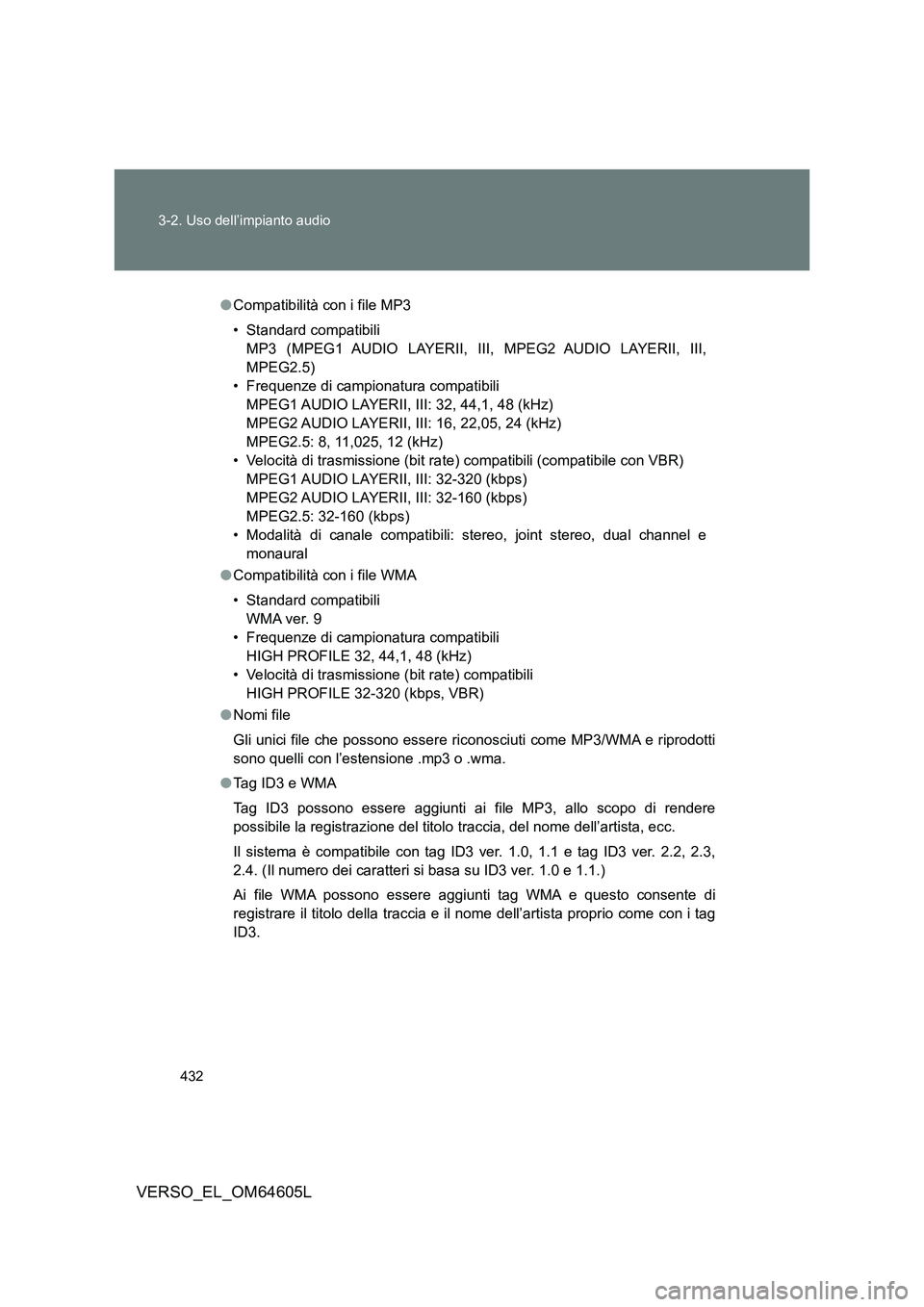 TOYOTA VERSO 2017 Manuale duso (in Italian) 432
3-2. Uso dell’impianto audio
VERSO_EL_OM64605L
● Compatibilità con i file MP3
• Standard compatibili
MP3 (MPEG1 AUDIO LAYERII, III, MPEG2 AUDIO LAYERII, III,
MPEG2.5)
• Frequenze di ca TOYOTA VERSO 2017 Manuale duso (in Italian) 432
3-2. Uso dell’impianto audio
VERSO_EL_OM64605L
● Compatibilità con i file MP3
• Standard compatibili
MP3 (MPEG1 AUDIO LAYERII, III, MPEG2 AUDIO LAYERII, III,
MPEG2.5)
• Frequenze di ca