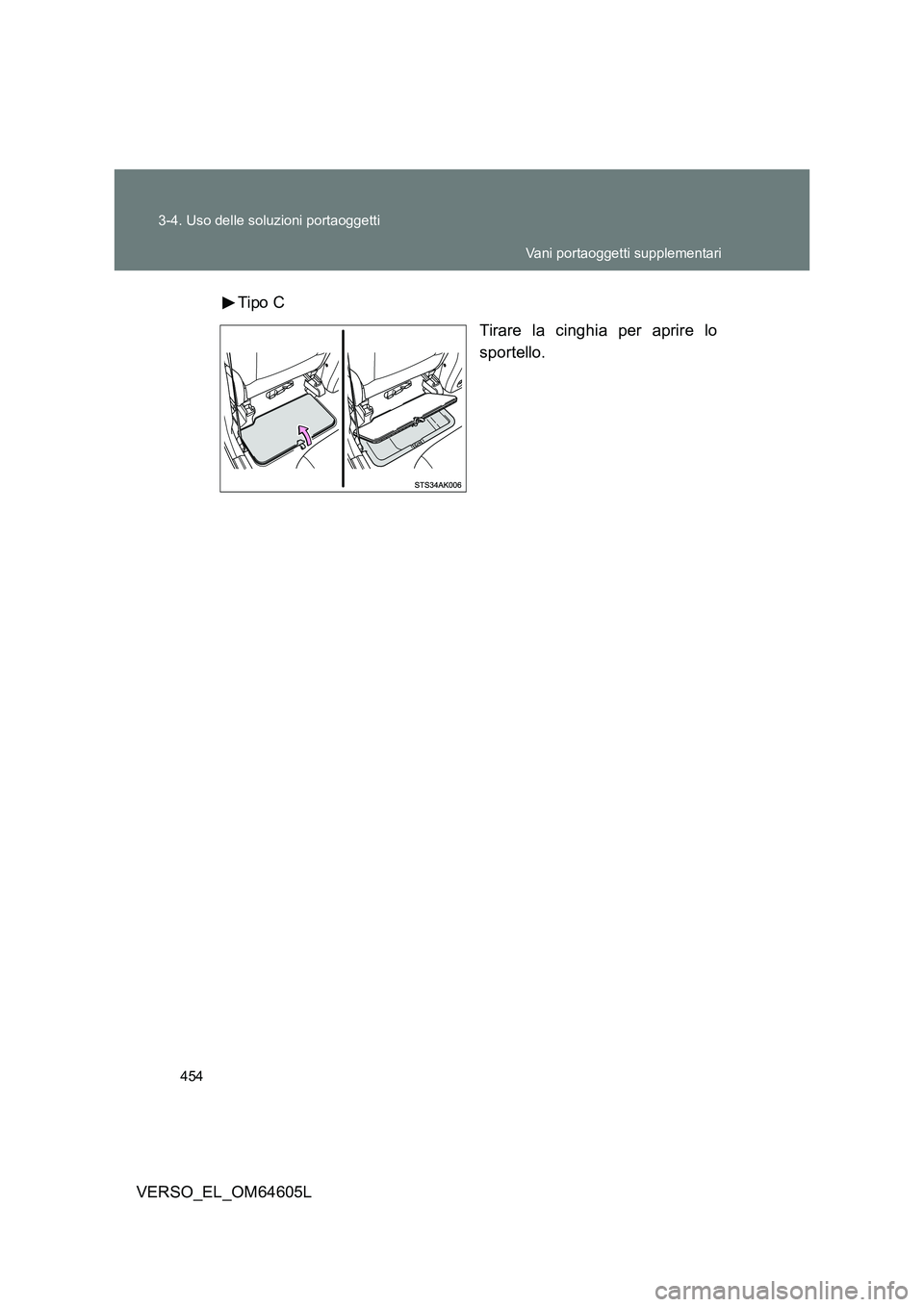 TOYOTA VERSO 2017  Manuale duso (in Italian) 454 
3-4. Uso delle soluzioni portaoggetti
VERSO_EL_OM64605L 
Tipo C 
Tirare la cinghia per aprire lo 
sportello.
Vani portaoggetti supplementari 