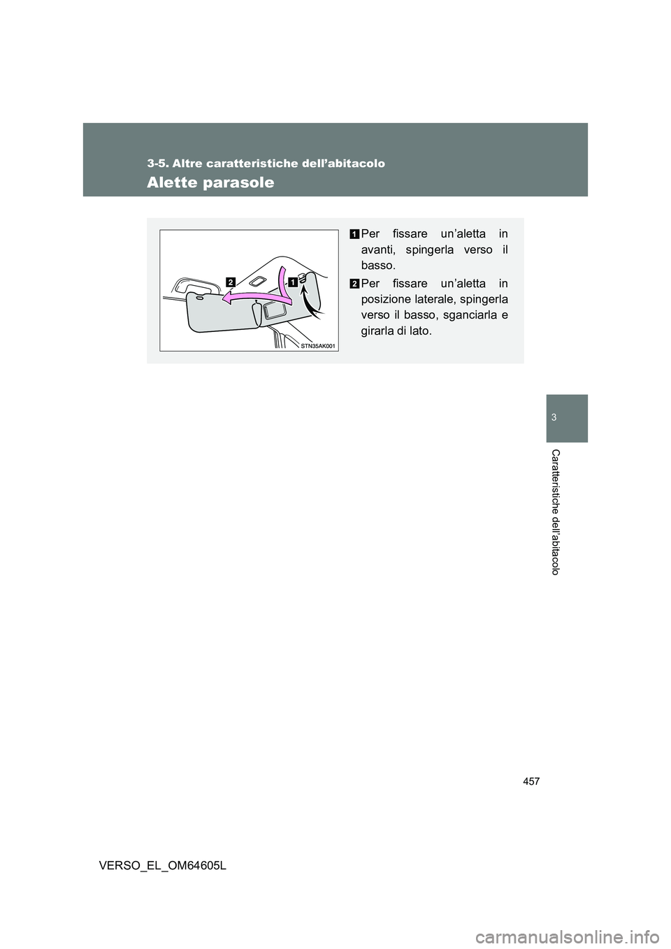 TOYOTA VERSO 2017  Manuale duso (in Italian) 457
3
Caratteristiche dell’abitacolo
VERSO_EL_OM64605L
3-5. Altre caratteristiche dell’abitacolo
Alette parasole
Per fissare un’aletta in 
avanti, spingerla verso il
basso. 
Per fissare un’ale