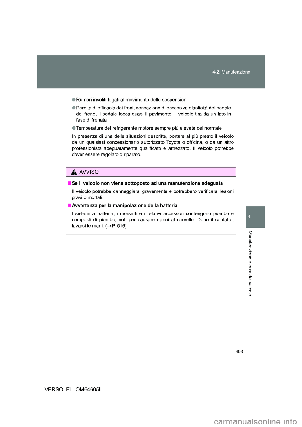 TOYOTA VERSO 2017 Manuale duso (in Italian) 493
4-2. Manutenzione
4
Manutenzione e cura del veicolo
VERSO_EL_OM64605L
● Rumori insoliti legati al movimento delle sospensioni
● Perdita di efficacia dei freni, sensazione di eccessiva elasti TOYOTA VERSO 2017 Manuale duso (in Italian) 493
4-2. Manutenzione
4
Manutenzione e cura del veicolo
VERSO_EL_OM64605L
● Rumori insoliti legati al movimento delle sospensioni
● Perdita di efficacia dei freni, sensazione di eccessiva elasti