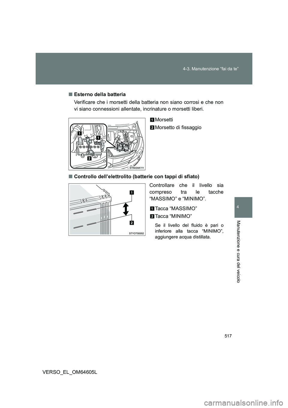 TOYOTA VERSO 2017 Manuale duso (in Italian) 517
4-3. Manutenzione “fai da te”
4
Manutenzione e cura del veicolo
VERSO_EL_OM64605L
■ Esterno della batteria
Verificare che i morsetti della batteria non siano corrosi e che non
vi siano c TOYOTA VERSO 2017 Manuale duso (in Italian) 517
4-3. Manutenzione “fai da te”
4
Manutenzione e cura del veicolo
VERSO_EL_OM64605L
■ Esterno della batteria
Verificare che i morsetti della batteria non siano corrosi e che non
vi siano c