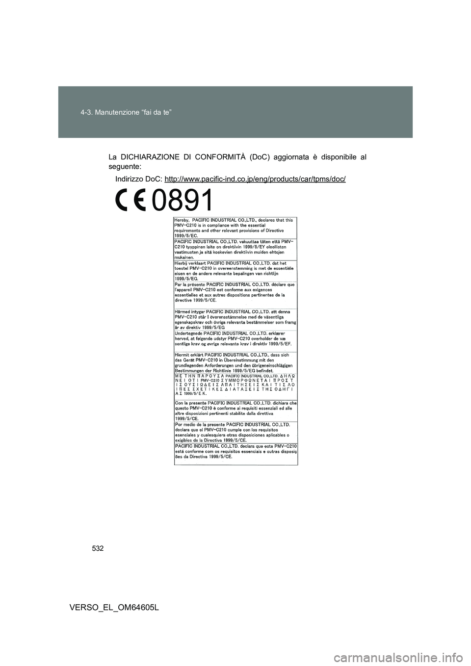 TOYOTA VERSO 2017 Manuale duso (in Italian) 532
4-3. Manutenzione “fai da te”
VERSO_EL_OM64605L
La DICHIARAZIONE DI CONFORMITÀ (DoC) aggiornata è disponibile al
seguente:
Indirizzo DoC: http://www.pacific-ind.co.jp/eng/products/car/tp TOYOTA VERSO 2017 Manuale duso (in Italian) 532
4-3. Manutenzione “fai da te”
VERSO_EL_OM64605L
La DICHIARAZIONE DI CONFORMITÀ (DoC) aggiornata è disponibile al
seguente:
Indirizzo DoC: http://www.pacific-ind.co.jp/eng/products/car/tp