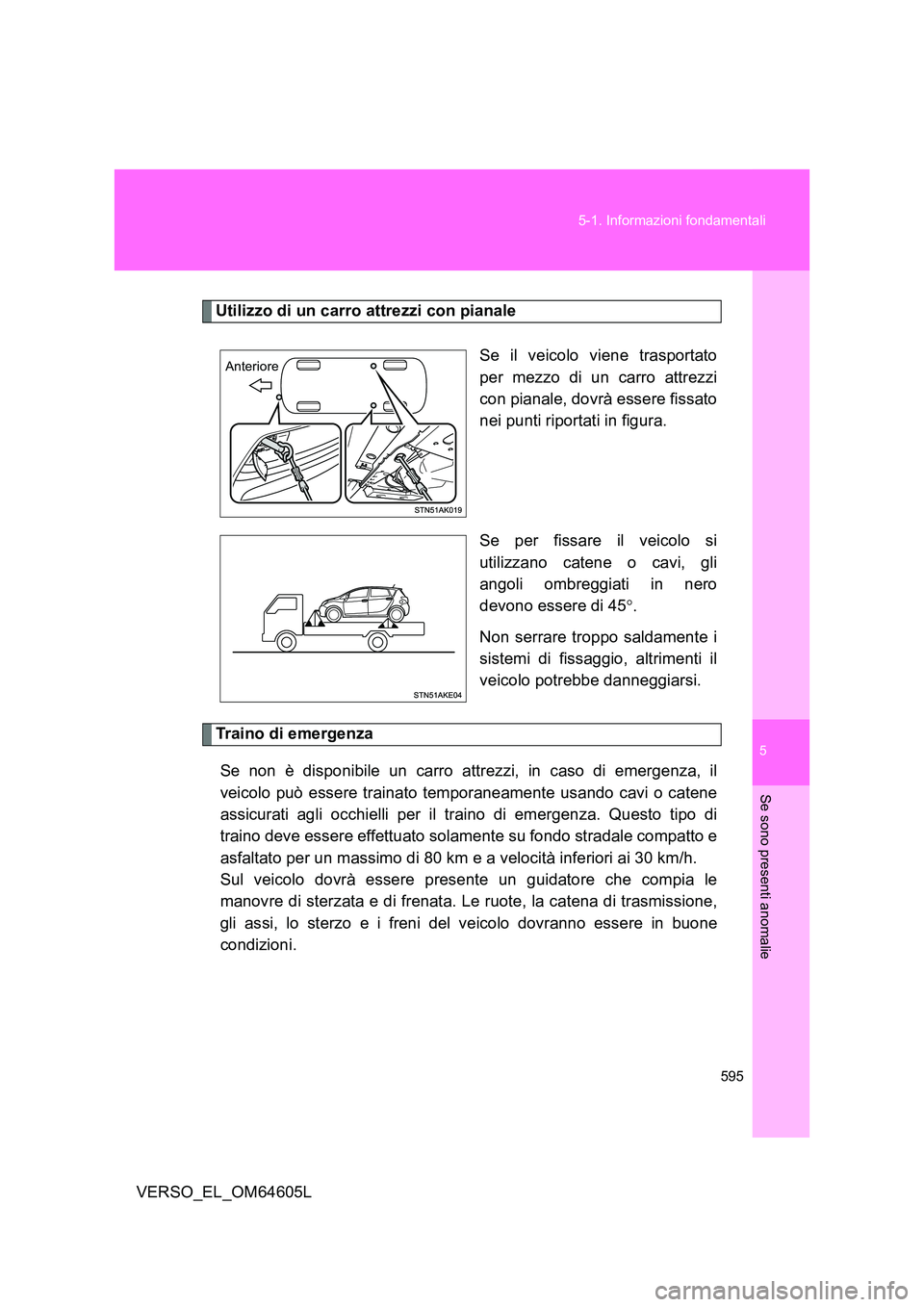 TOYOTA VERSO 2017 Manuale duso (in Italian) 5
595
5-1. Informazioni fondamentali
Se sono presenti anomalie
VERSO_EL_OM64605L
Utilizzo di un carro attrezzi con pianale
Se il veicolo viene trasportato
per mezzo di un carro attrezzi
con pianale TOYOTA VERSO 2017 Manuale duso (in Italian) 5
595
5-1. Informazioni fondamentali
Se sono presenti anomalie
VERSO_EL_OM64605L
Utilizzo di un carro attrezzi con pianale
Se il veicolo viene trasportato
per mezzo di un carro attrezzi
con pianale