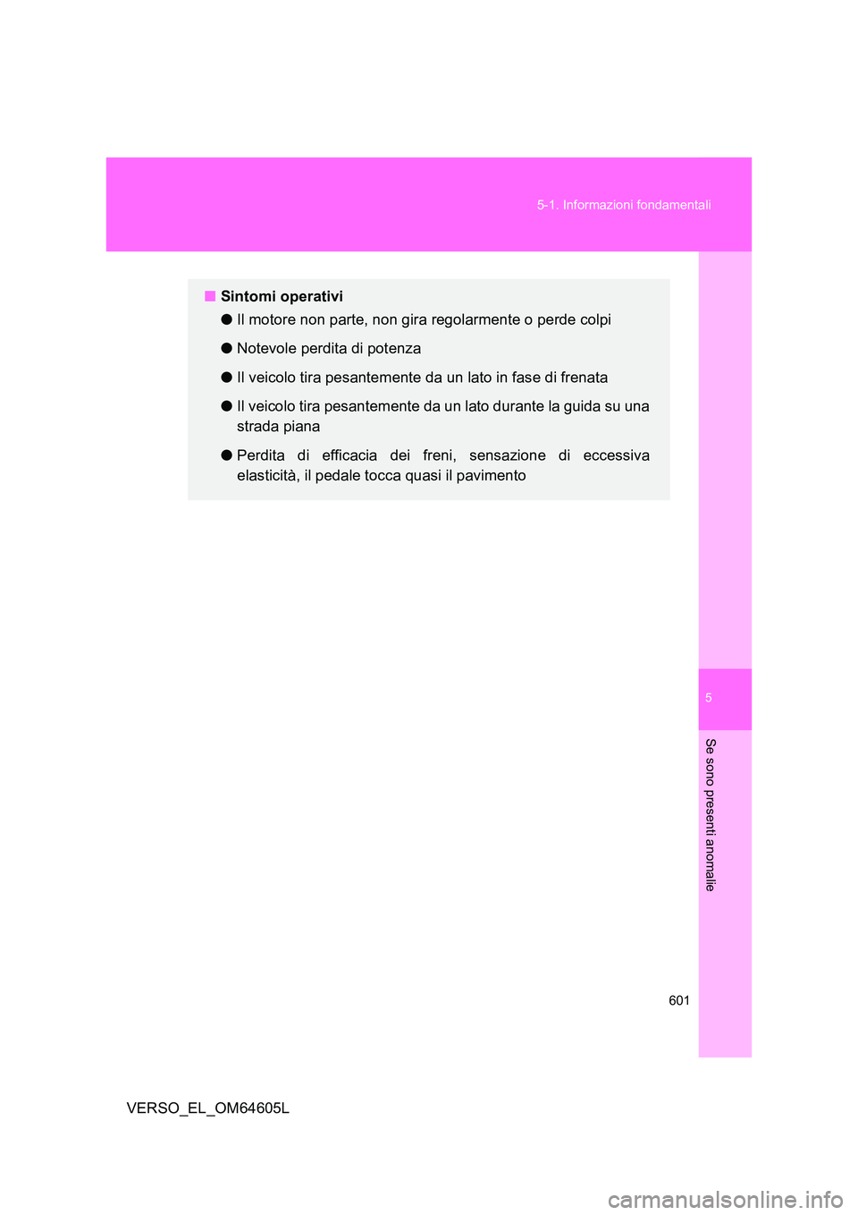 TOYOTA VERSO 2017 Manuale duso (in Italian) 5
601
5-1. Informazioni fondamentali
Se sono presenti anomalie
VERSO_EL_OM64605L
■ Sintomi operativi
● Il motore non parte, non gira regolarmente o perde colpi
● Notevole perdita di potenza
TOYOTA VERSO 2017 Manuale duso (in Italian) 5
601
5-1. Informazioni fondamentali
Se sono presenti anomalie
VERSO_EL_OM64605L
■ Sintomi operativi
● Il motore non parte, non gira regolarmente o perde colpi
● Notevole perdita di potenza