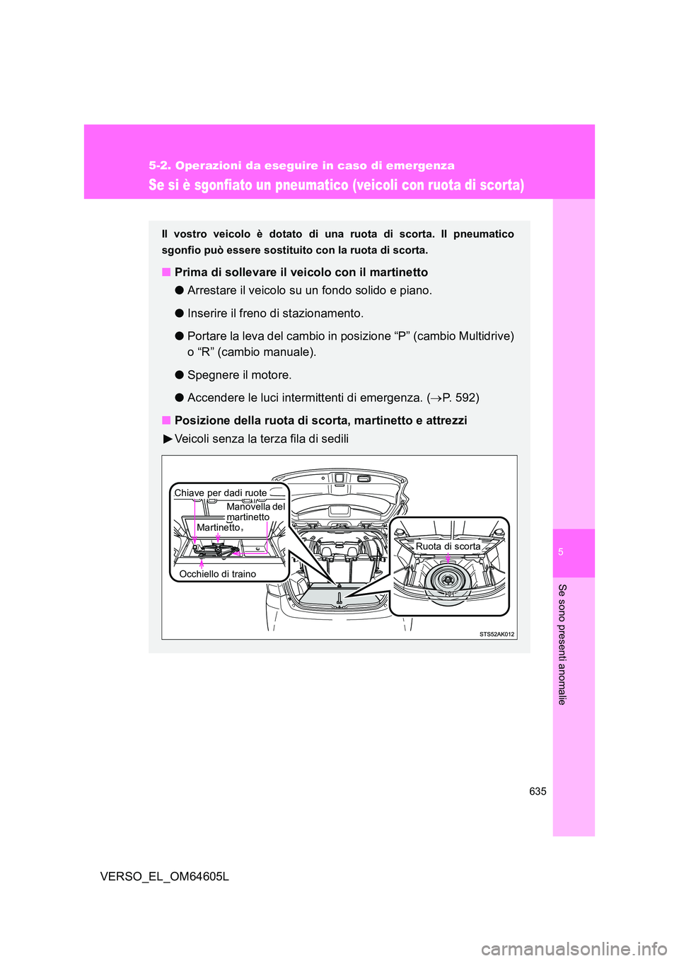 TOYOTA VERSO 2017  Manuale duso (in Italian) 5
635
5-2. Operazioni da eseguire in caso di emergenza
Se sono presenti anomalie
VERSO_EL_OM64605L
Se si è sgonfiato un pneumatico (veicoli con ruota di scorta)
Il vostro veicolo è dotato di una ruo