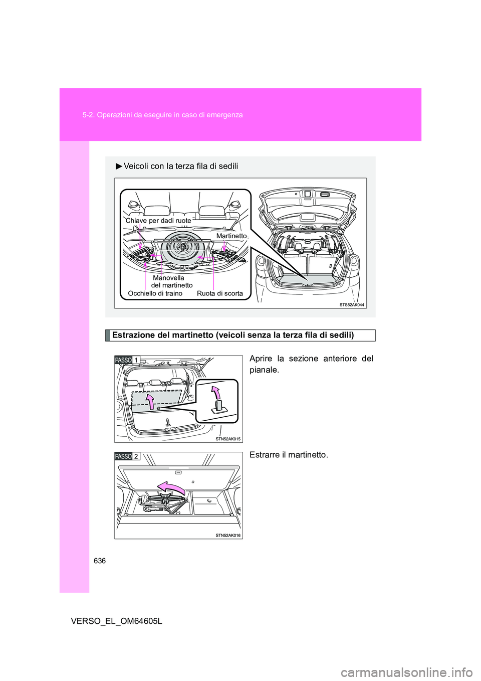 TOYOTA VERSO 2017  Manuale duso (in Italian) 636 
5-2. Operazioni da eseguire in caso di emergenza
VERSO_EL_OM64605L
Estrazione del martinetto (veicoli senza la terza fila di sedili) 
Aprire la sezione anteriore del 
pianale. 
Estrarre il martin