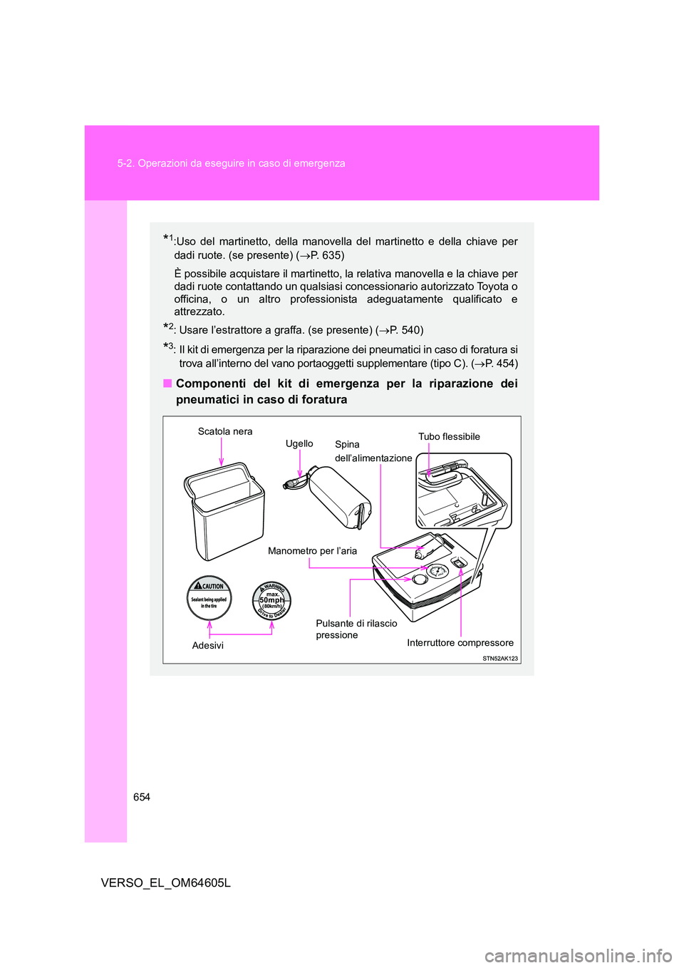 TOYOTA VERSO 2017  Manuale duso (in Italian) 654 
5-2. Operazioni da eseguire in caso di emergenza
VERSO_EL_OM64605L
*1:Uso del martinetto, della manovella del martinetto e della chiave per 
dadi ruote. (se presente) ( P.  6 3 5 ) 
È possibi