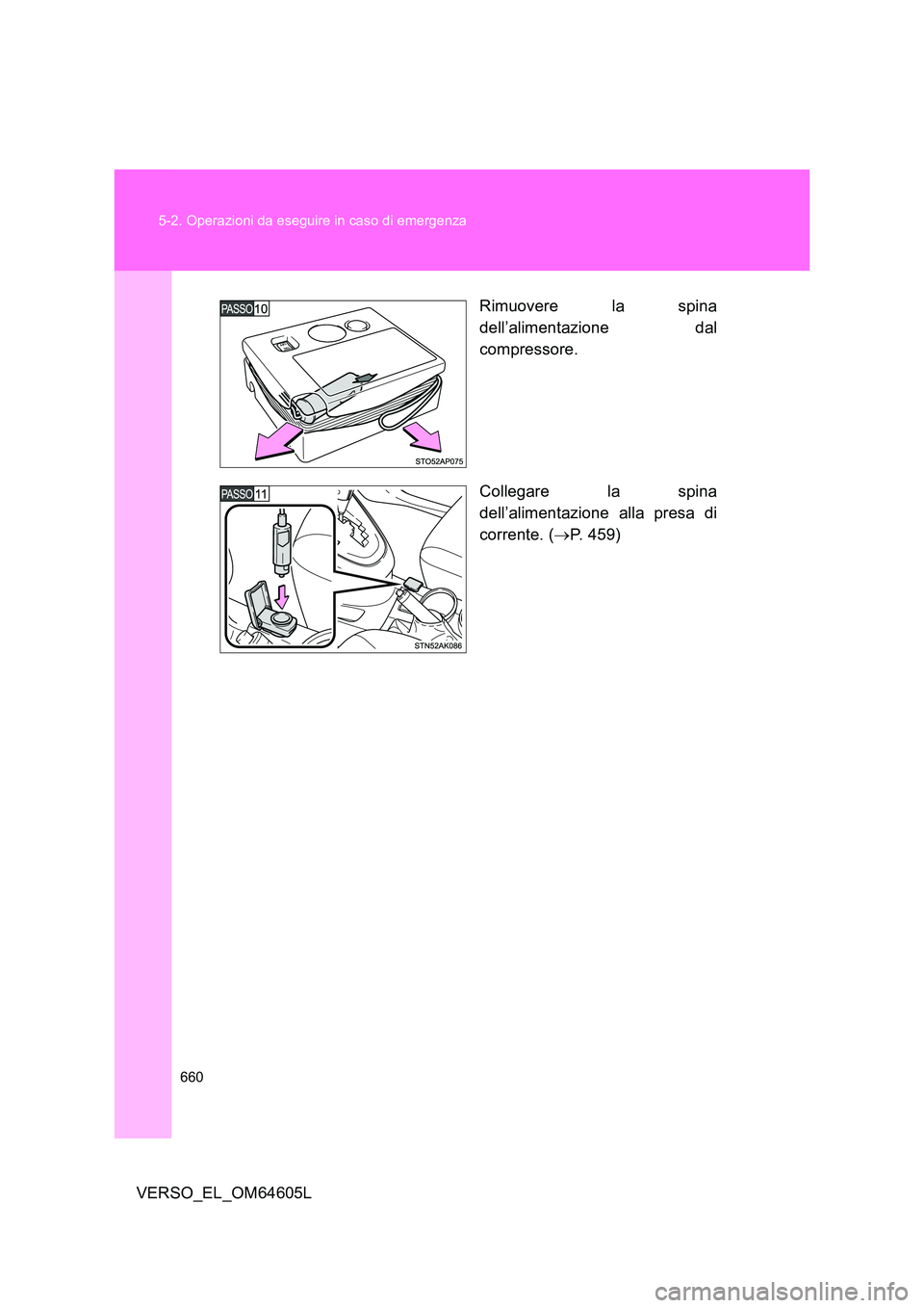 TOYOTA VERSO 2017  Manuale duso (in Italian) 660 
5-2. Operazioni da eseguire in caso di emergenza
VERSO_EL_OM64605L 
Rimuovere la spina 
dell’alimentazione dal 
compressore. 
Collegare la spina 
dell’alimentazione alla presa di 
corrente. (
