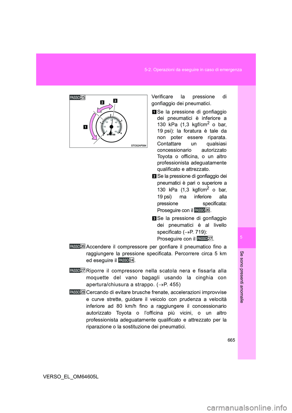 TOYOTA VERSO 2017  Manuale duso (in Italian) 5
665 
5-2. Operazioni da eseguire in caso di emergenza
Se sono presenti anomalie
VERSO_EL_OM64605L 
Verificare la pressione di 
gonfiaggio dei pneumatici. 
Se la pressione di gonfiaggio 
dei pneumati