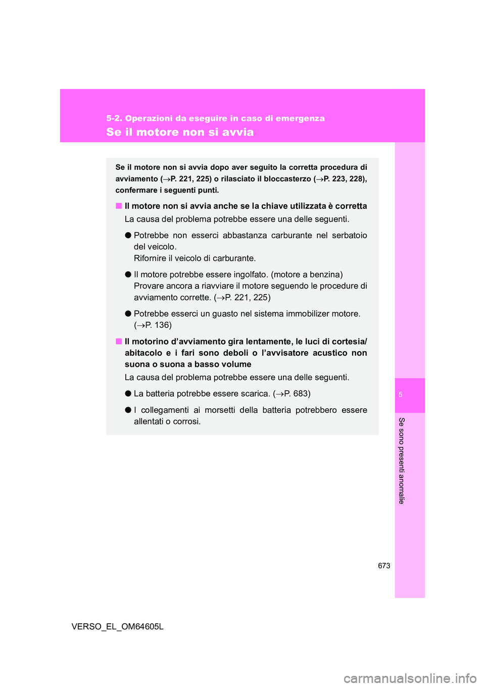 TOYOTA VERSO 2017 Manuale duso (in Italian) 5
673
5-2. Operazioni da eseguire in caso di emergenza
Se sono presenti anomalie
VERSO_EL_OM64605L
Se il motore non si avvia
Se il motore non si avvia dopo aver seguito la corretta procedura di
avvia TOYOTA VERSO 2017 Manuale duso (in Italian) 5
673
5-2. Operazioni da eseguire in caso di emergenza
Se sono presenti anomalie
VERSO_EL_OM64605L
Se il motore non si avvia
Se il motore non si avvia dopo aver seguito la corretta procedura di
avvia