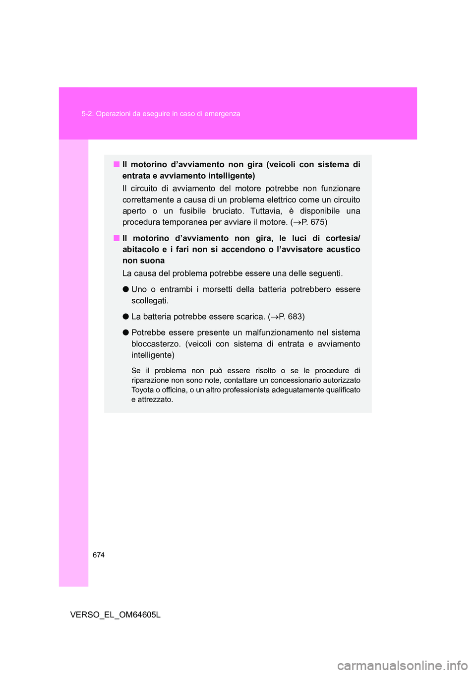 TOYOTA VERSO 2017 Manuale duso (in Italian) 674
5-2. Operazioni da eseguire in caso di emergenza
VERSO_EL_OM64605L
■ Il motorino d’avviamento non gira (veicoli con sistema di
entrata e avviamento intelligente)
Il circuito di avviamento d TOYOTA VERSO 2017 Manuale duso (in Italian) 674
5-2. Operazioni da eseguire in caso di emergenza
VERSO_EL_OM64605L
■ Il motorino d’avviamento non gira (veicoli con sistema di
entrata e avviamento intelligente)
Il circuito di avviamento d