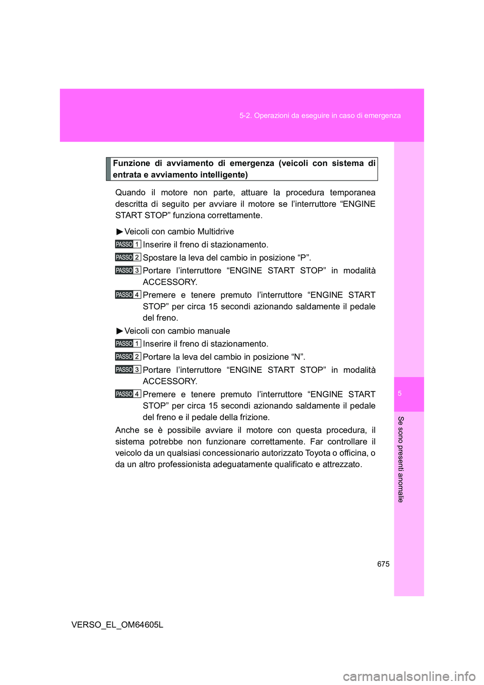 TOYOTA VERSO 2017 Manuale duso (in Italian) 5
675
5-2. Operazioni da eseguire in caso di emergenza
Se sono presenti anomalie
VERSO_EL_OM64605L
Funzione di avviamento di emergenza (veicoli con sistema di
entrata e avviamento intelligente)
Qua TOYOTA VERSO 2017 Manuale duso (in Italian) 5
675
5-2. Operazioni da eseguire in caso di emergenza
Se sono presenti anomalie
VERSO_EL_OM64605L
Funzione di avviamento di emergenza (veicoli con sistema di
entrata e avviamento intelligente)
Qua