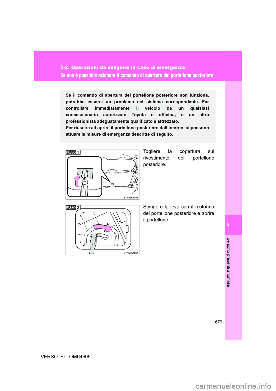 TOYOTA VERSO 2017 Manuale duso (in Italian) 5
679
5-2. Operazioni da eseguire in caso di emergenza
Se sono presenti anomalie
VERSO_EL_OM64605L
Se non è possibile azionare il comando di apertura del portellone posteriore
Togliere la copertura s TOYOTA VERSO 2017 Manuale duso (in Italian) 5
679
5-2. Operazioni da eseguire in caso di emergenza
Se sono presenti anomalie
VERSO_EL_OM64605L
Se non è possibile azionare il comando di apertura del portellone posteriore
Togliere la copertura s