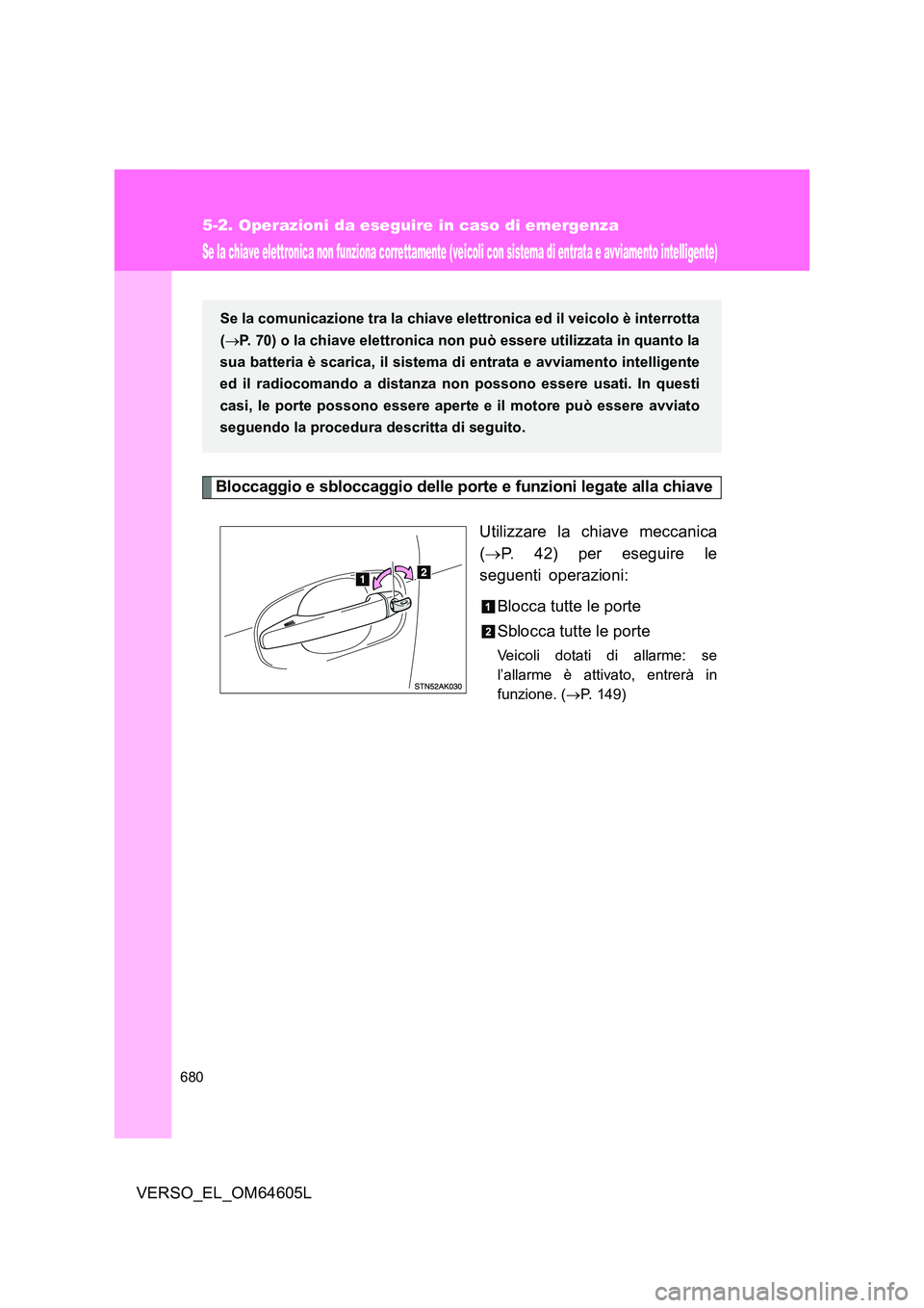 TOYOTA VERSO 2017 Manuale duso (in Italian) 680
5-2. Operazioni da eseguire in caso di emergenza
VERSO_EL_OM64605L
Se la chiave elettronica non funziona correttamente (veicoli con sistema di entrata e avviamento intelligente)
Bloccaggio e sbloc TOYOTA VERSO 2017 Manuale duso (in Italian) 680
5-2. Operazioni da eseguire in caso di emergenza
VERSO_EL_OM64605L
Se la chiave elettronica non funziona correttamente (veicoli con sistema di entrata e avviamento intelligente)
Bloccaggio e sbloc