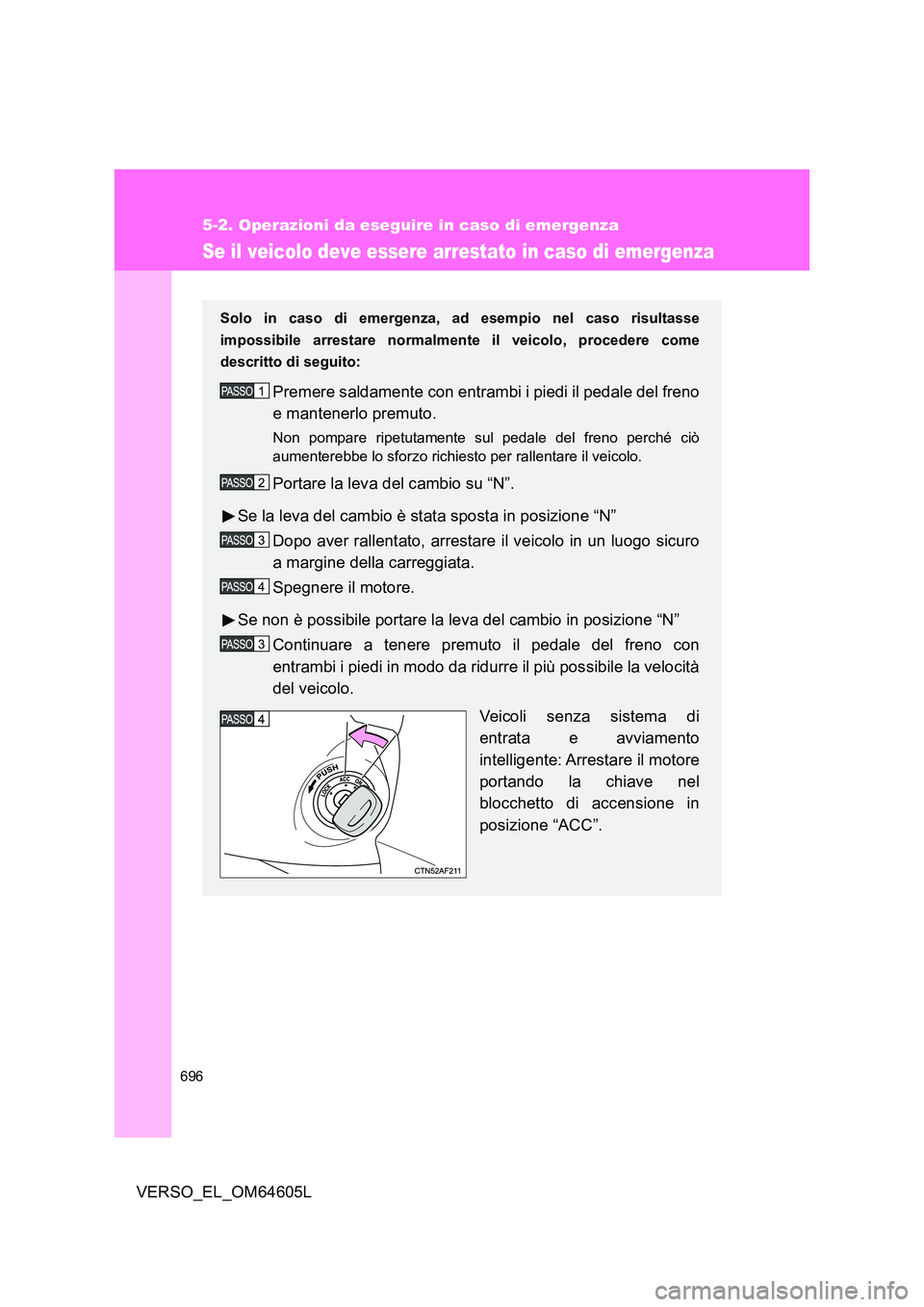 TOYOTA VERSO 2017  Manuale duso (in Italian) 696
5-2. Operazioni da eseguire in caso di emergenza
VERSO_EL_OM64605L
Se il veicolo deve essere arrestato in caso di emergenza
Solo in caso di emergenza, ad esempio nel caso risultasse 
impossibile a