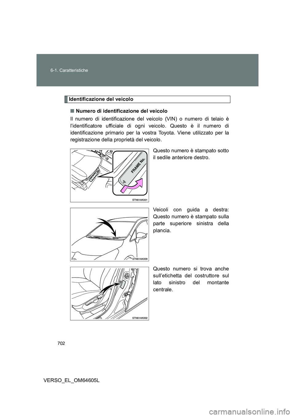 TOYOTA VERSO 2017 Manuale duso (in Italian) 702
6-1. Caratteristiche
VERSO_EL_OM64605L
Identificazione del veicolo
■ Numero di identificazione del veicolo
Il numero di identificazione del veicolo (VIN) o numero di telaio è
l’identifica TOYOTA VERSO 2017 Manuale duso (in Italian) 702
6-1. Caratteristiche
VERSO_EL_OM64605L
Identificazione del veicolo
■ Numero di identificazione del veicolo
Il numero di identificazione del veicolo (VIN) o numero di telaio è
l’identifica