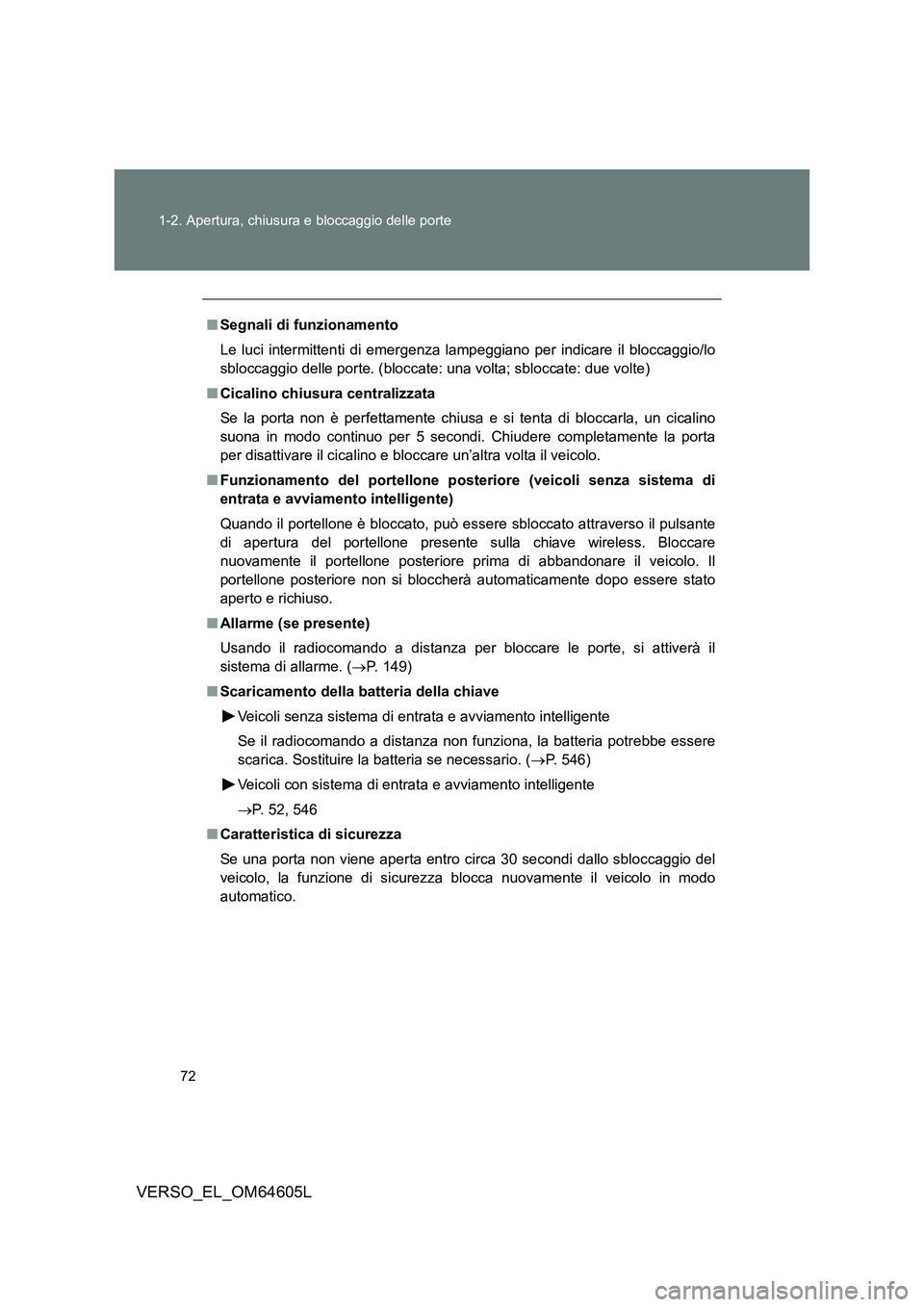 TOYOTA VERSO 2017  Manuale duso (in Italian) 72 
1-2. Apertura, chiusura e bloccaggio delle porte
VERSO_EL_OM64605L
■ Segnali di funzionamento 
Le luci intermittenti di emergenza lampeggiano per indicare il bloccaggio/lo 
sbloccaggio delle por